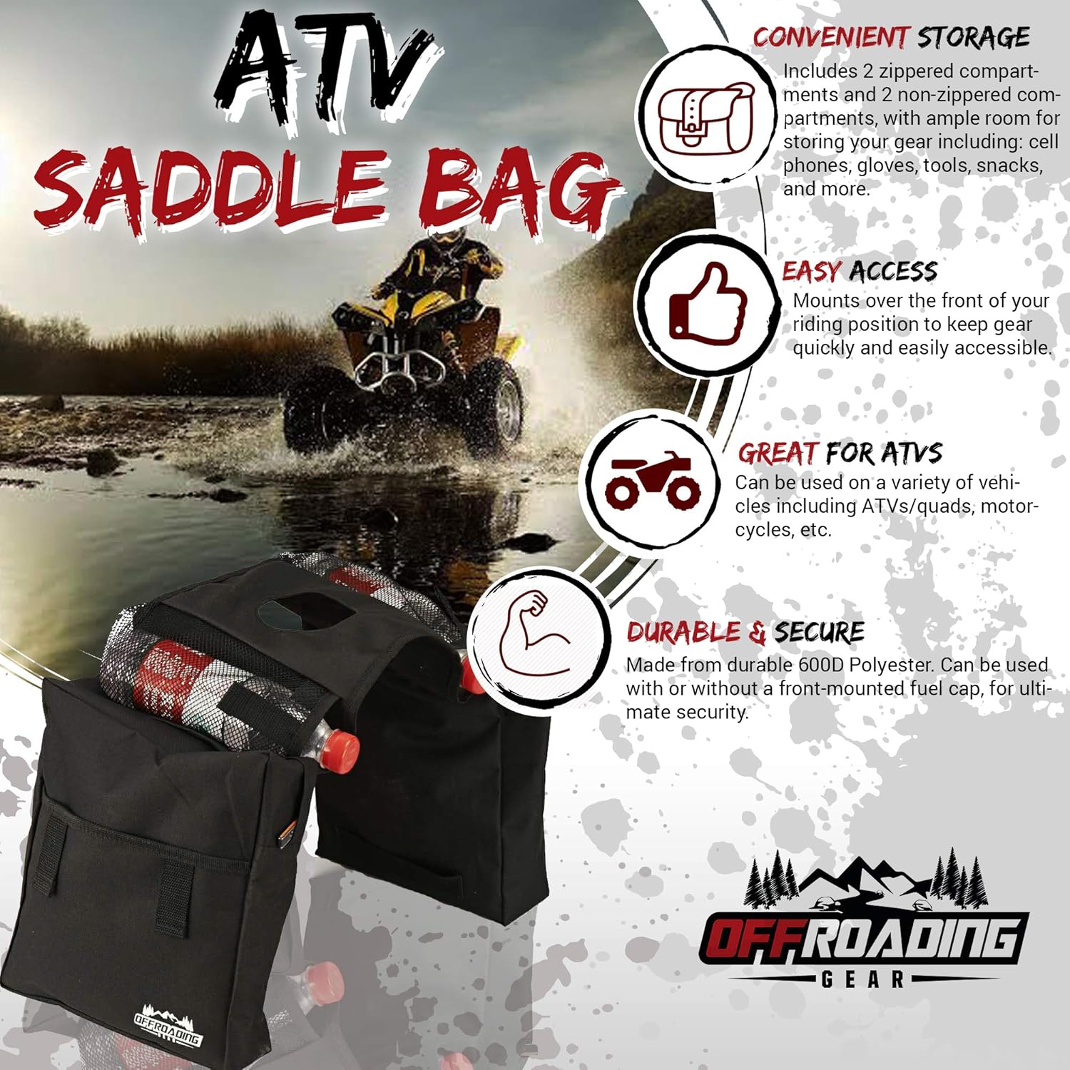 Offroading Gear ATV Saddle Bag with with Two Compartments for Quad, Motorcycle, etc. : Automotive