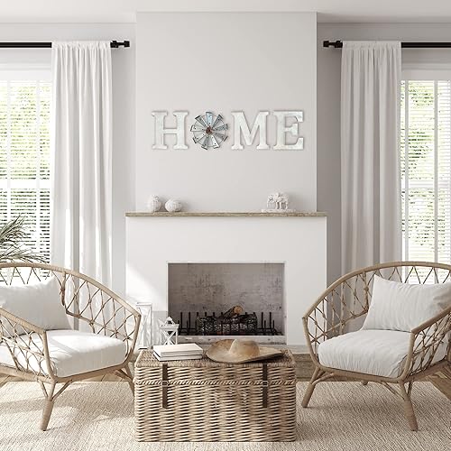 Miniatura 5 de Decoración de pared de granja, letrero de letras para el hogar con molino de viento de metal rústico y madera blanca, colgante de pared para sala de