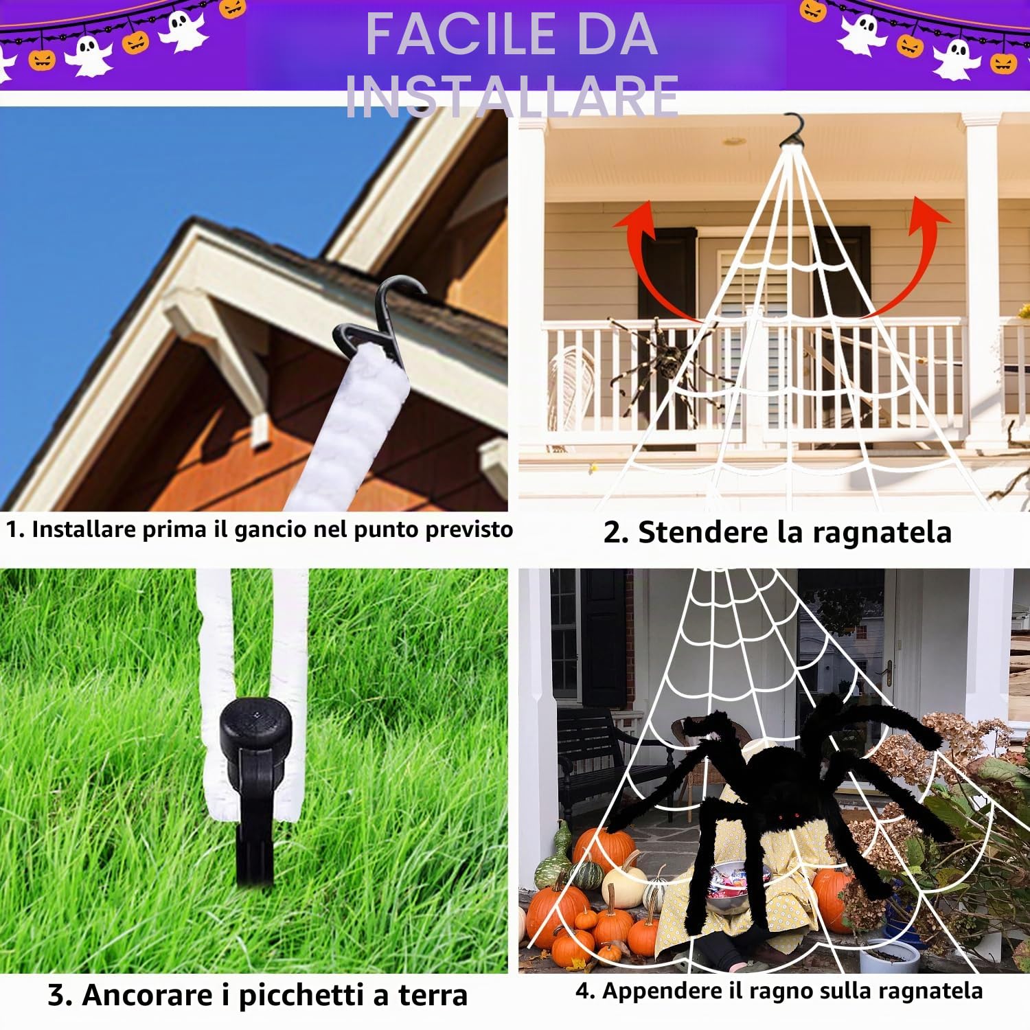 Halloween Decorazioni，135 LED Ragnatela Decorazioni Halloween Case, 40 g Retrattile Ragnatele Halloween con 90 cm Finto Grande Ragno, 8 Modelli Viola Impermeabile Halloween Luci