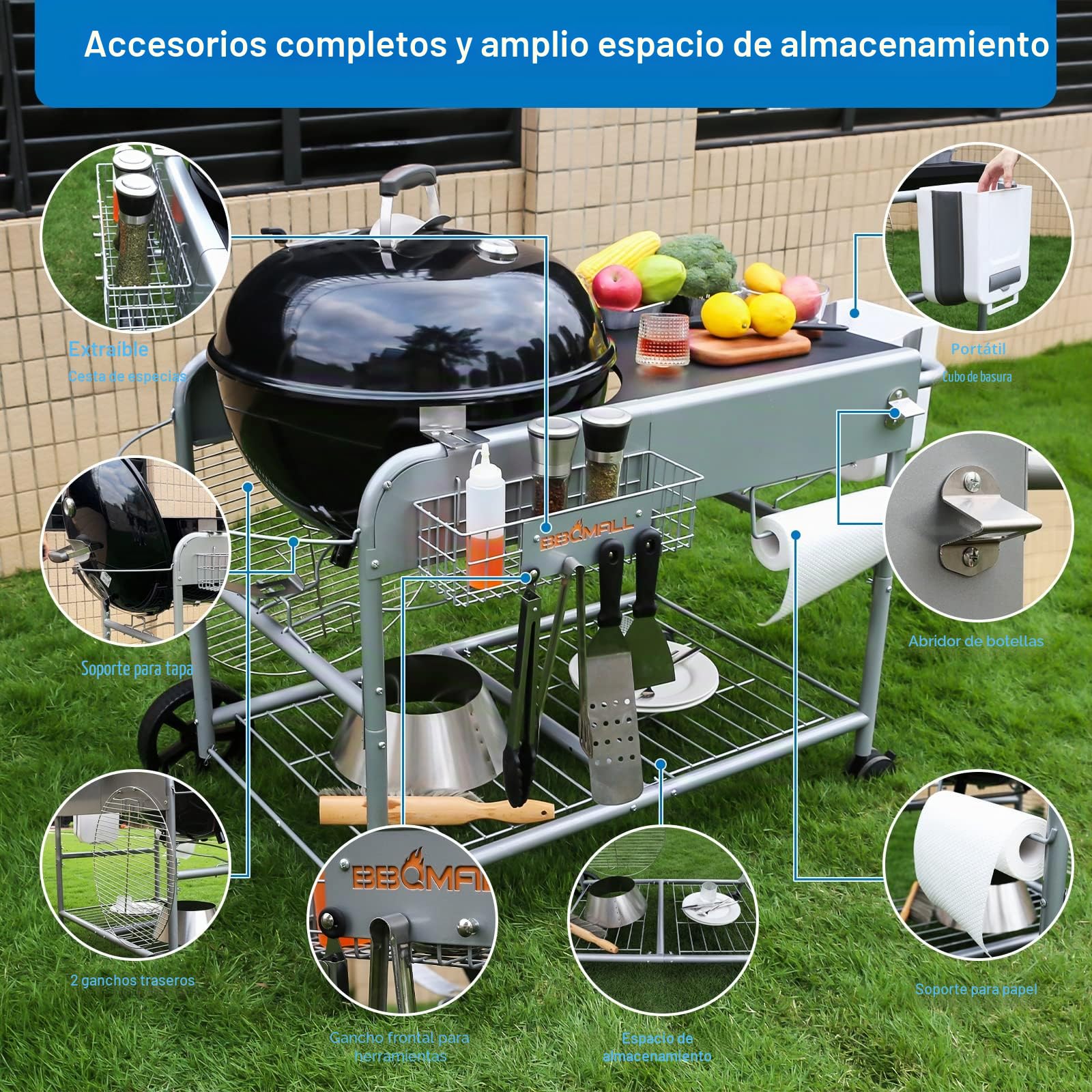 GFTIME Mesa de barbacoa de acero inoxidable para Weber de 47 cm y 57 cm, original Kettle, Premium, Master Touch, Jumbo Joe, parrilla de carbón vegetal Performer con soporte de tapa, soporte para