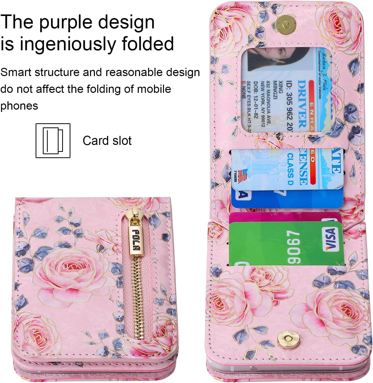 Phone Case for Samsung Galaxy Z Flip 5 Wallet Phone Cover, Zipper 4 Card Slots with Adjustable Crossbody Strap with Kickstand, Cute Rose Pattern Flip 5 Phone Cover (Pink)