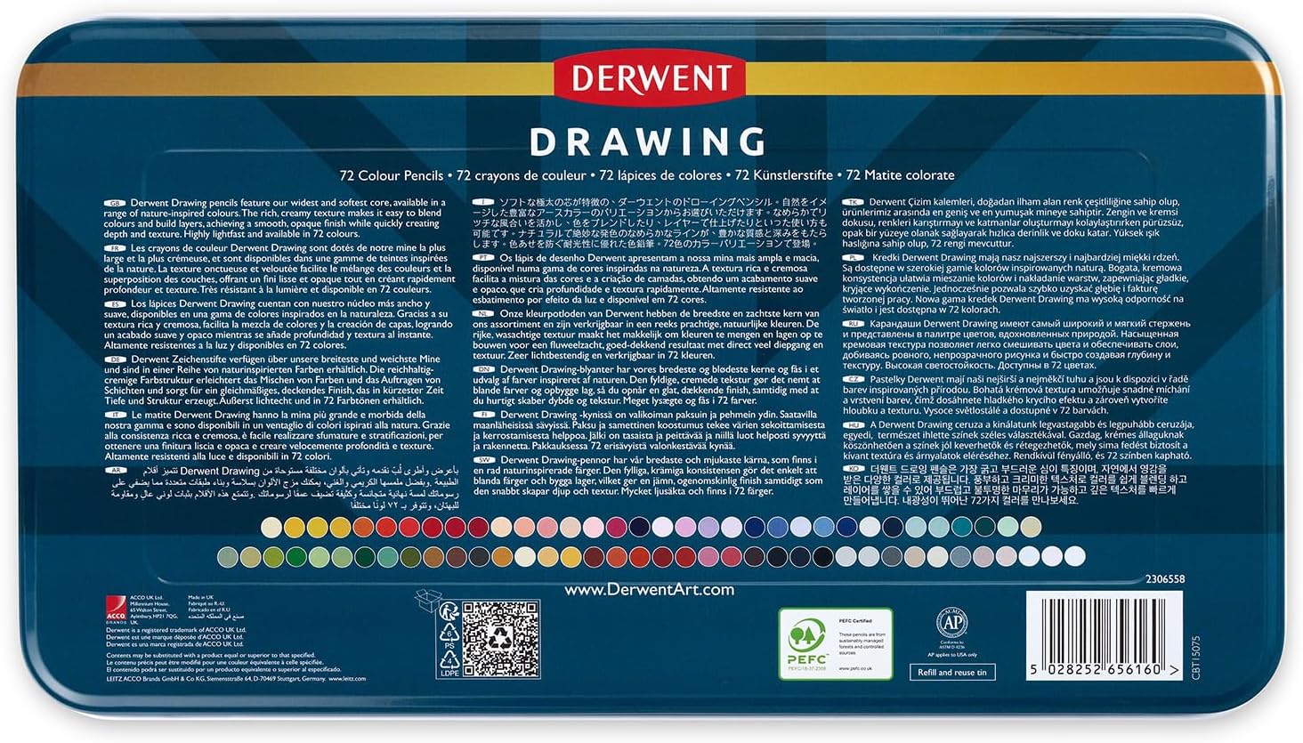 Derwent Drawing 2306558 Colouring Pencils, Set of 72 in Tin, 5 mm Round Core, Premium Core Thickness, Creamy Texture, Ideal for Effortless Drawing and Colouring, Professional Quality