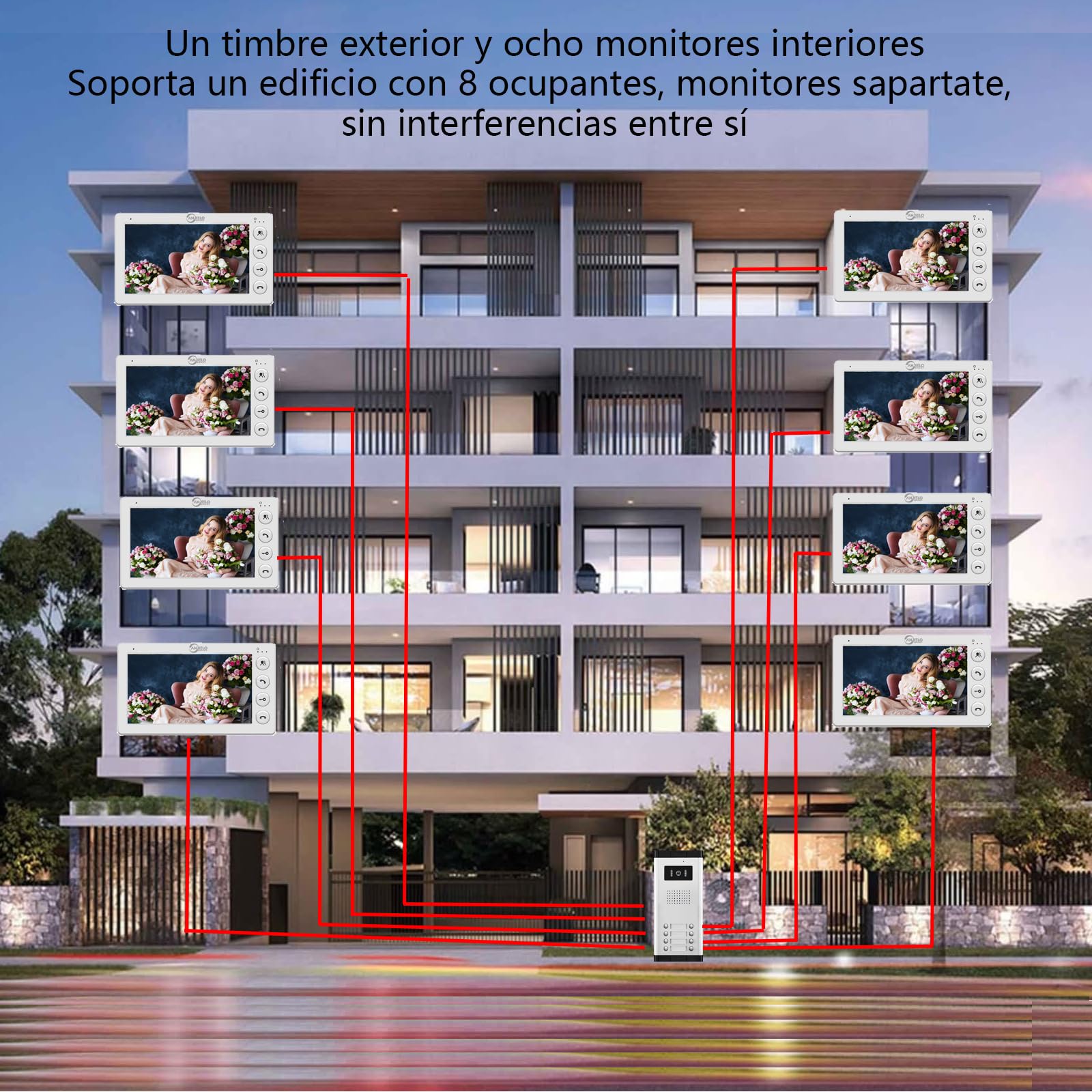 Videoportero con cable para apartamentos,2/3/4/5/6/8/10/12 unidades,Kit de videoportero de 7 pulgadas,Desbloqueo con una sola llave (1 Timbre + 8 Monitor)