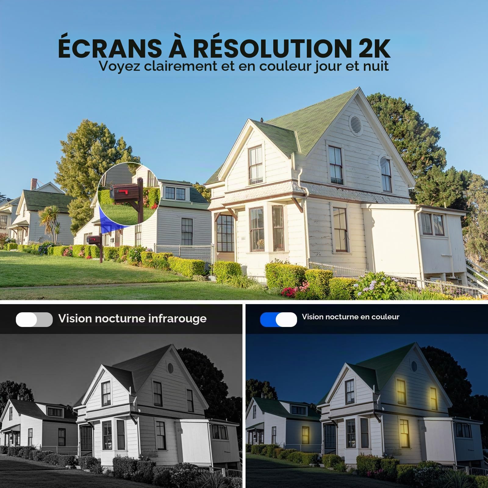 LITYMOL Caméras de sécurité WiFi 2K 2,4 g sans fil pour l'extérieur, vue à 360 °, caméras solaires pour la sécurité de la maison, vision nocturne en couleur, détection de mouvement, audio