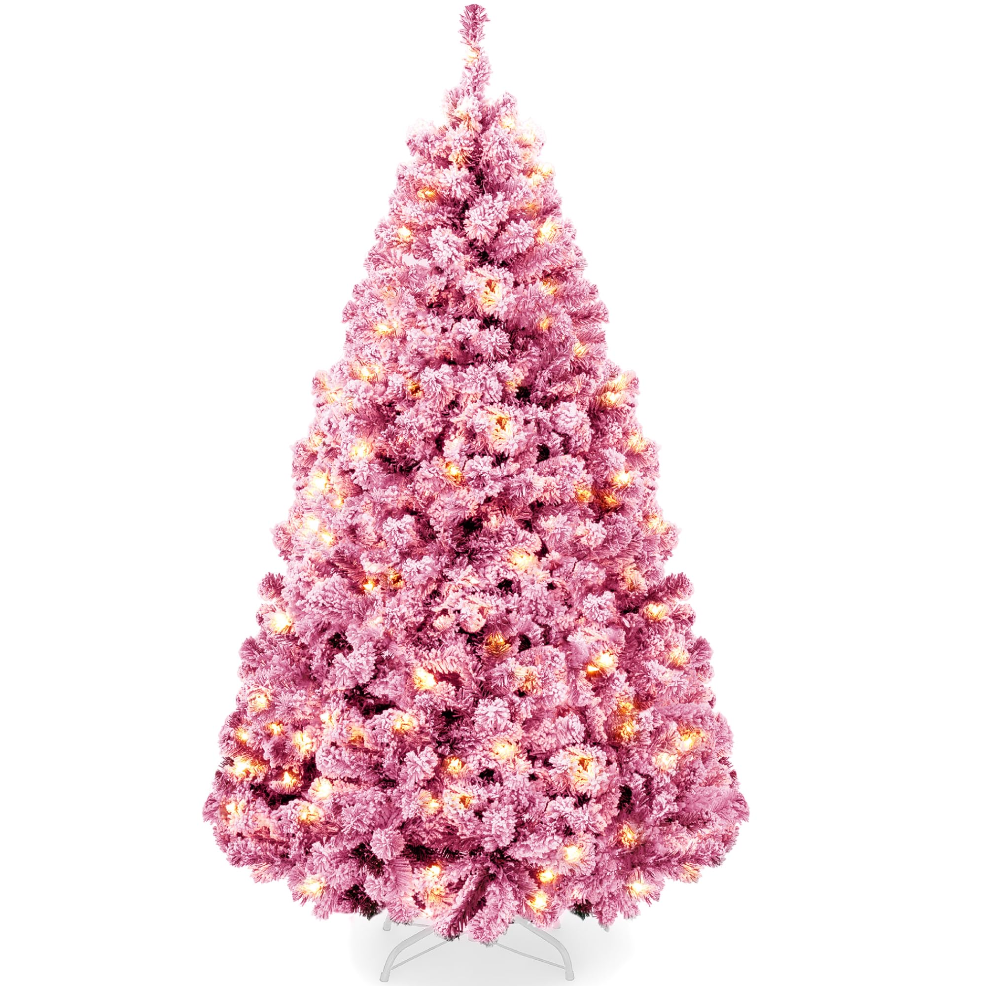 Best Choice Products Artificial Flocked Christmas Tree, 6ft Premium Pre-Lit Colorful Pine Holiday Décor w/250 Twinkle Lights, Metal Base - Pink