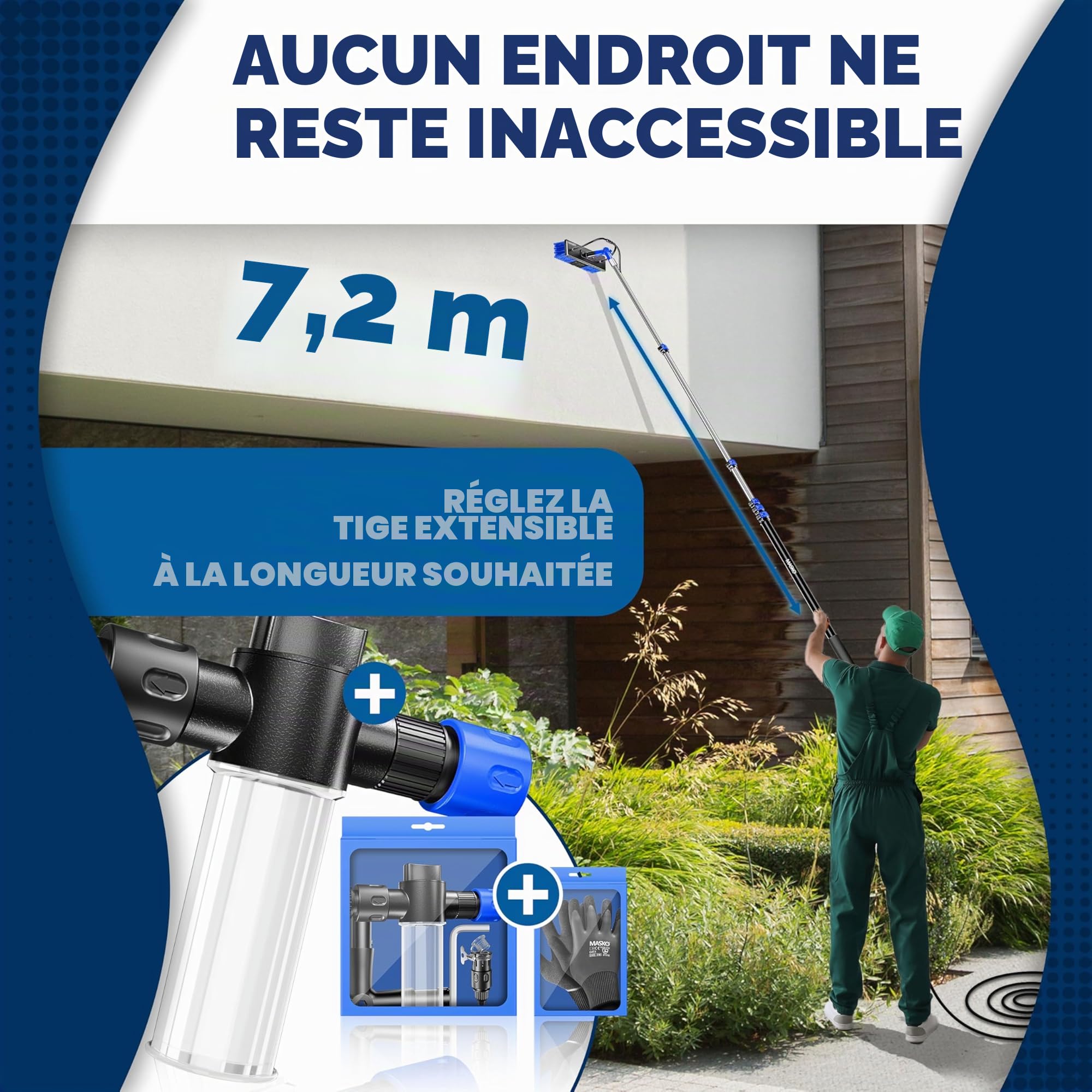 MASKO® Brosse de lavage télescopique avec raccord d'eau 7,2 m | Brosse de nettoyage extensible | Nettoyage des fenêtres et des installations PV | Poils
