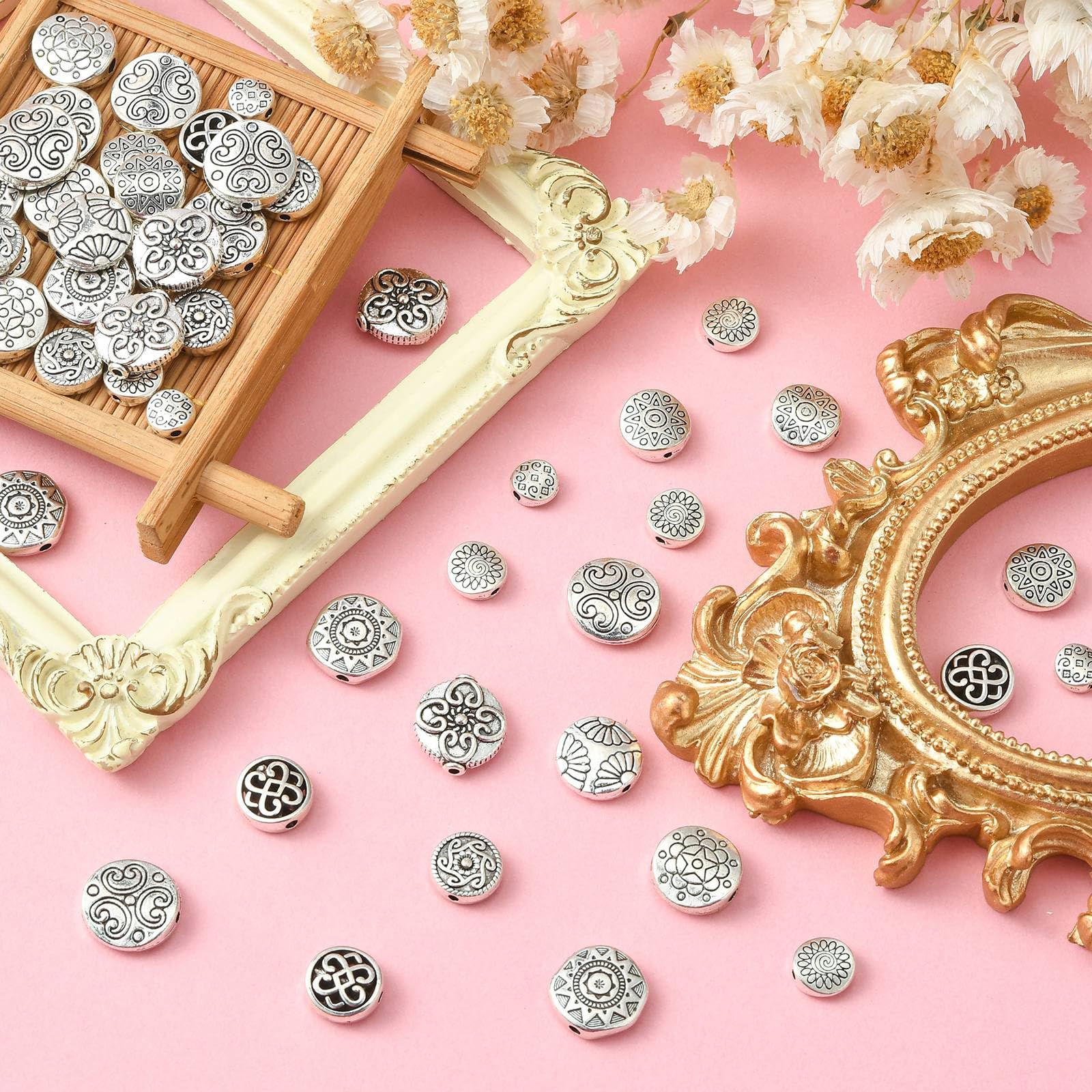 Stiesy 100Pcs 10 Styles Vintage Spacer Beads Tibetan Silver Flat Round Bead Antique Flower Knot Beads Bulk for Jewellry Making Bracelet Necklace Crafts Earring DIY - Image 4