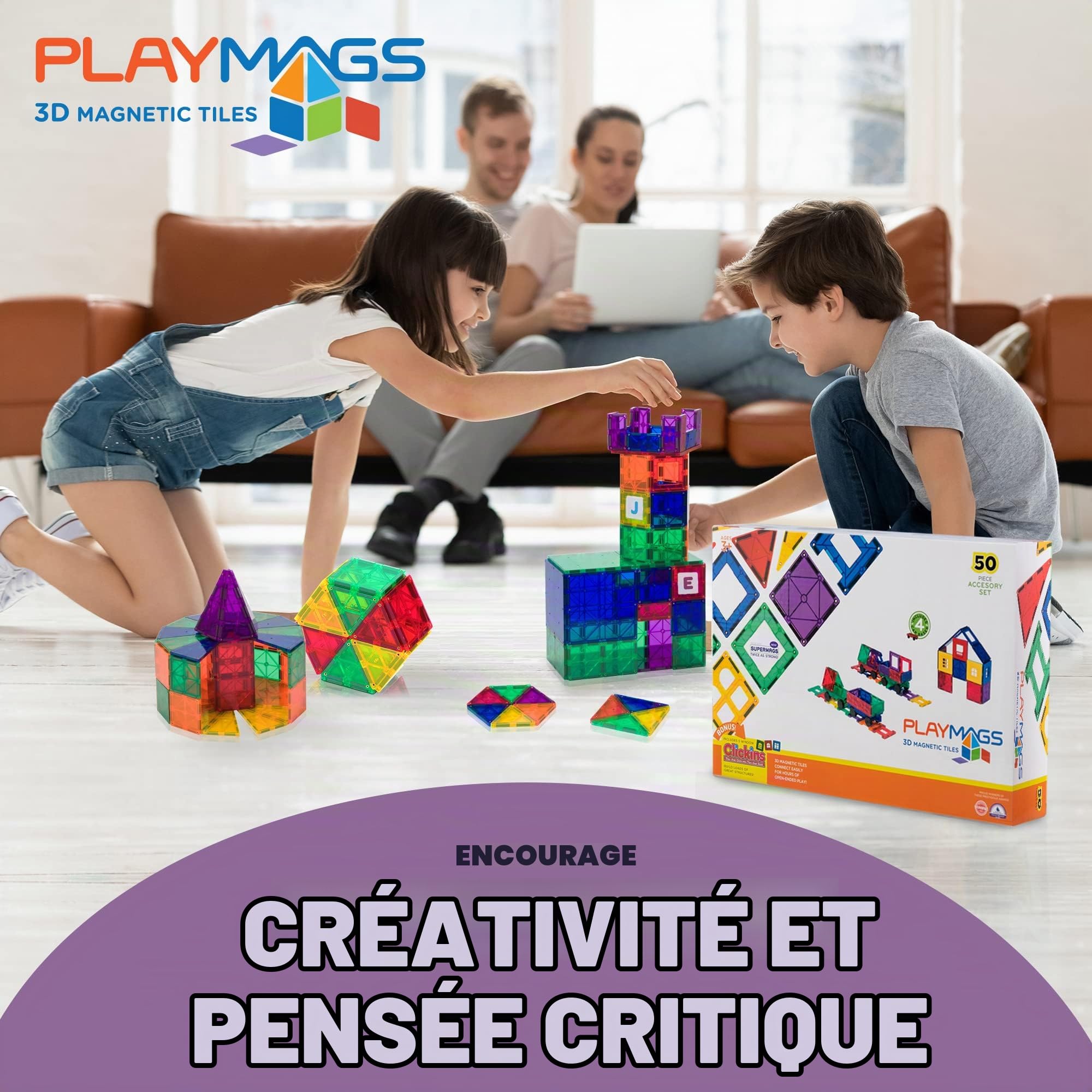 Playmags Ensemble De 50 Tuiles Magnétiques pour Enfants avec 4 Voitures – Blocs De Construction Magnétiques 3D Plus Résistants – Ensemble De Tuiles pour Enfants – Jouets STEM