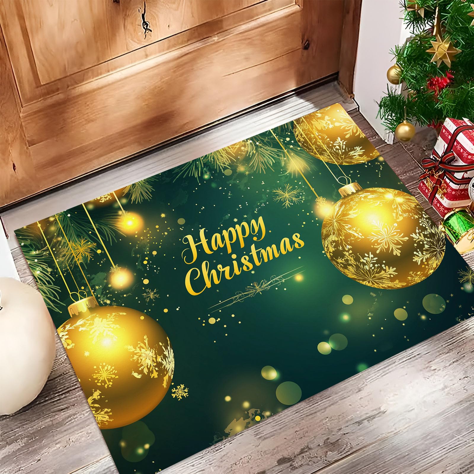 Paillasson Noël 50x80cm vert doré antidérapant et tapis d'entrée d'intérieur lavable super doux