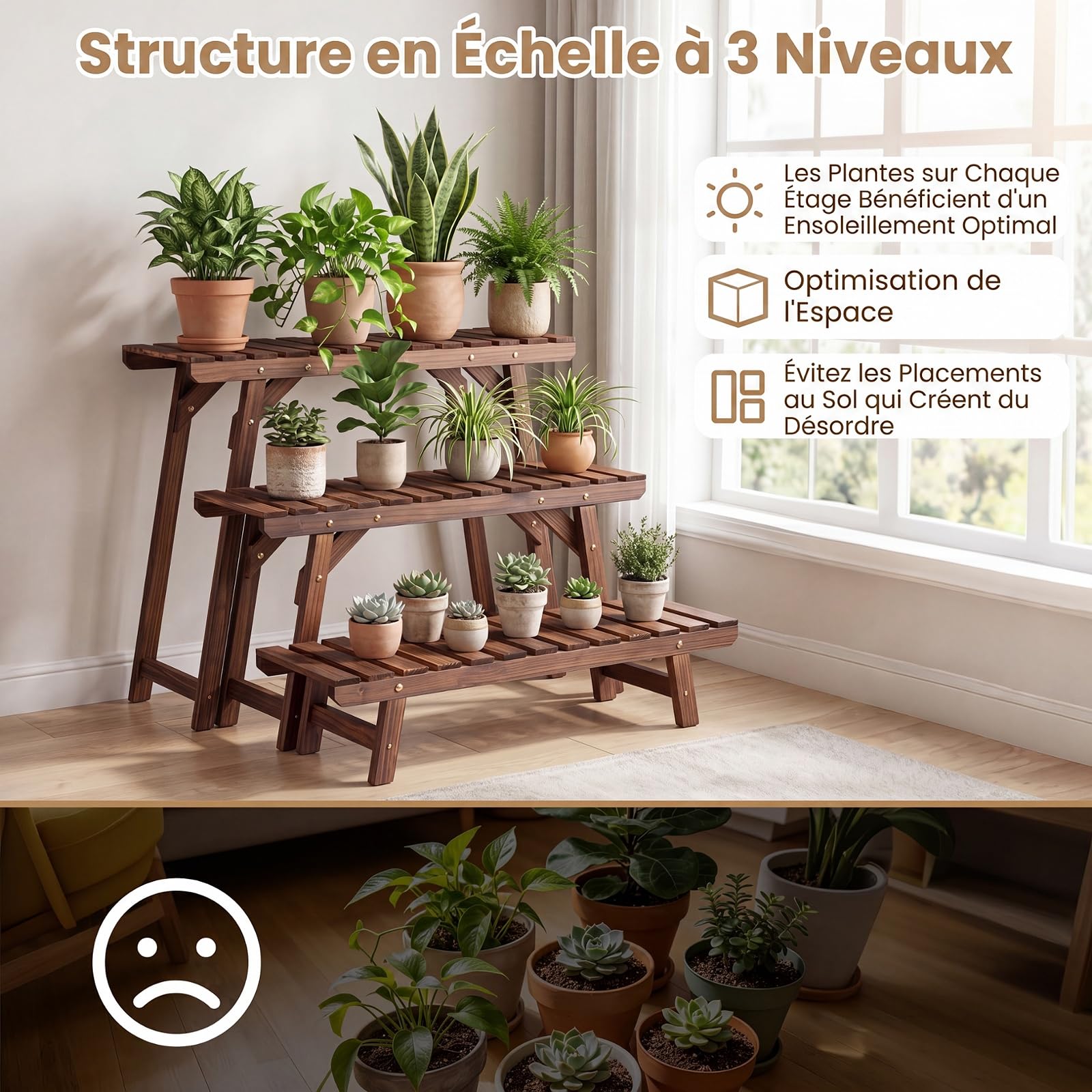 COSTWAY Étagère pour Plantes en Bois 3 Niveaux Indépendant Echelle Escalier Porte-Plante Longueur 70CM Charge 10KG par Niveau pour Jardin Terrasse Balcon