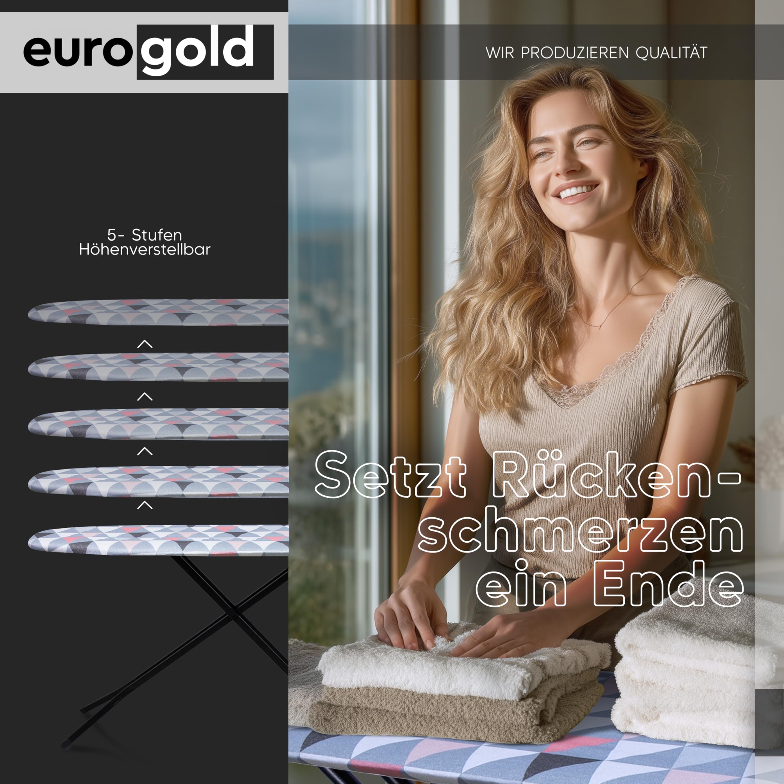 EUROGOLD® Bügelbrett mit Steckdose 120x42 cm, Nicht für Dampfbügelstation | Stabiler Bügeltisch höhenverstellbar, für zeitsparendes Bügeln, Ironing Board für Dampfbügeleisen, Made in Europe
