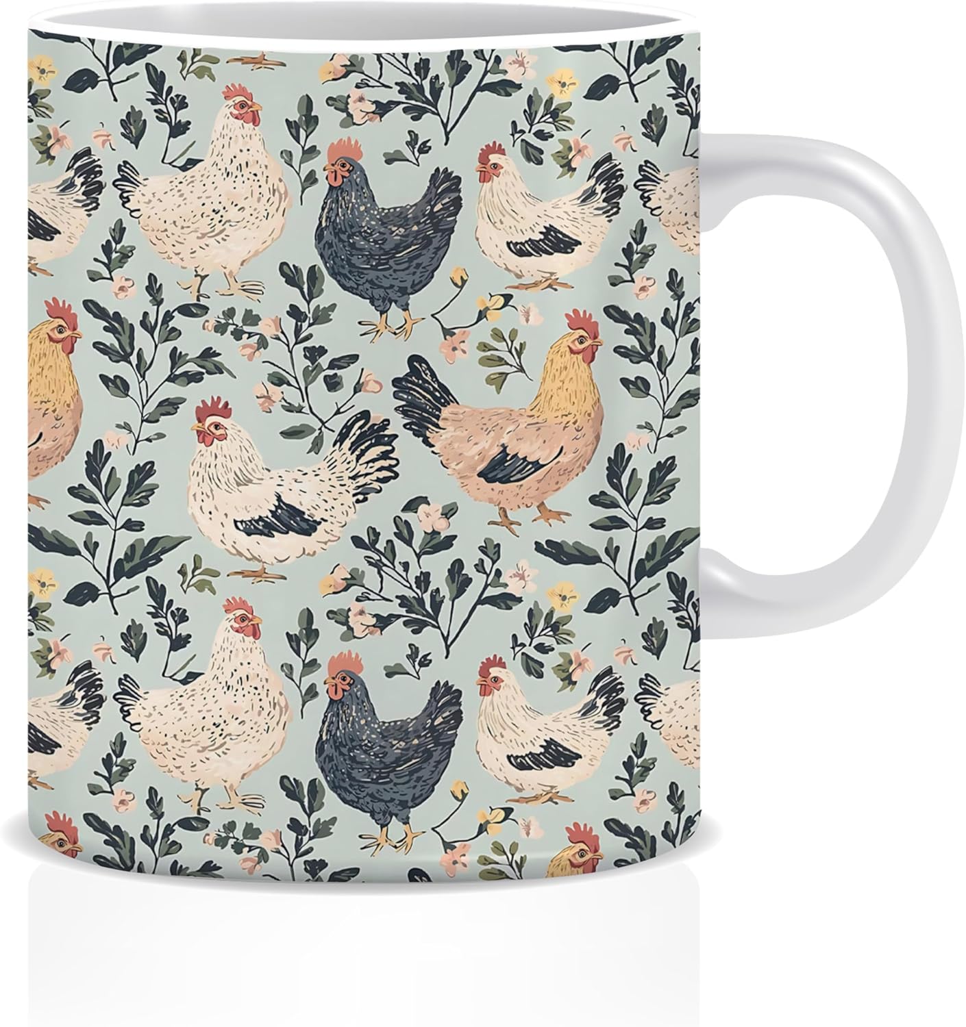Rustic Floral Botanical Chicken Mug, Chicken Lover Mom Lady Gifts Coffee Cups Ceramic, Farmhouse Cottagecore Farm Animal Hen Rooster Coffee Tea Mug 11oz