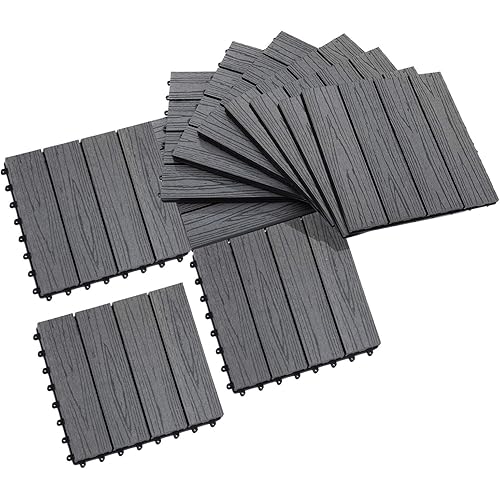 Outsunny Interlocking Deck Tiles, Pack of 11 Outdoor Flooring Patio Tiles, 12" x 12", All Weather for Porch, Balcony, Backyard for a New Classic Look, Grey