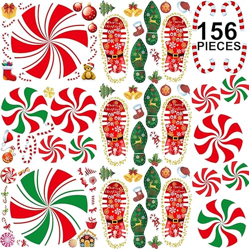 156 calcomanías navideñas de menta para piso, calcomanías de huellas para decoración de fiesta de dulces de Navidad, suministros de decoración de