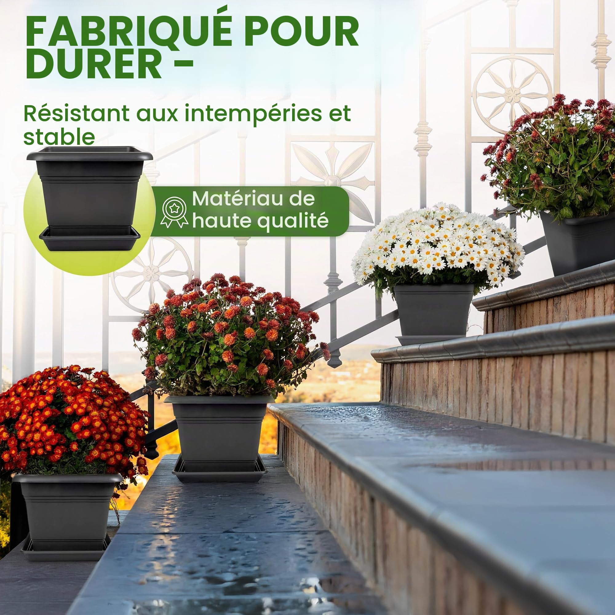 2friends Lot de 3 grands Pots de Fleurs Outdoor Don 40x40cm Pot de Fleurs avec Soucoupe Pots de Fleurs en Plastique Fabriqué en Allemagne modèle Anthracite Don