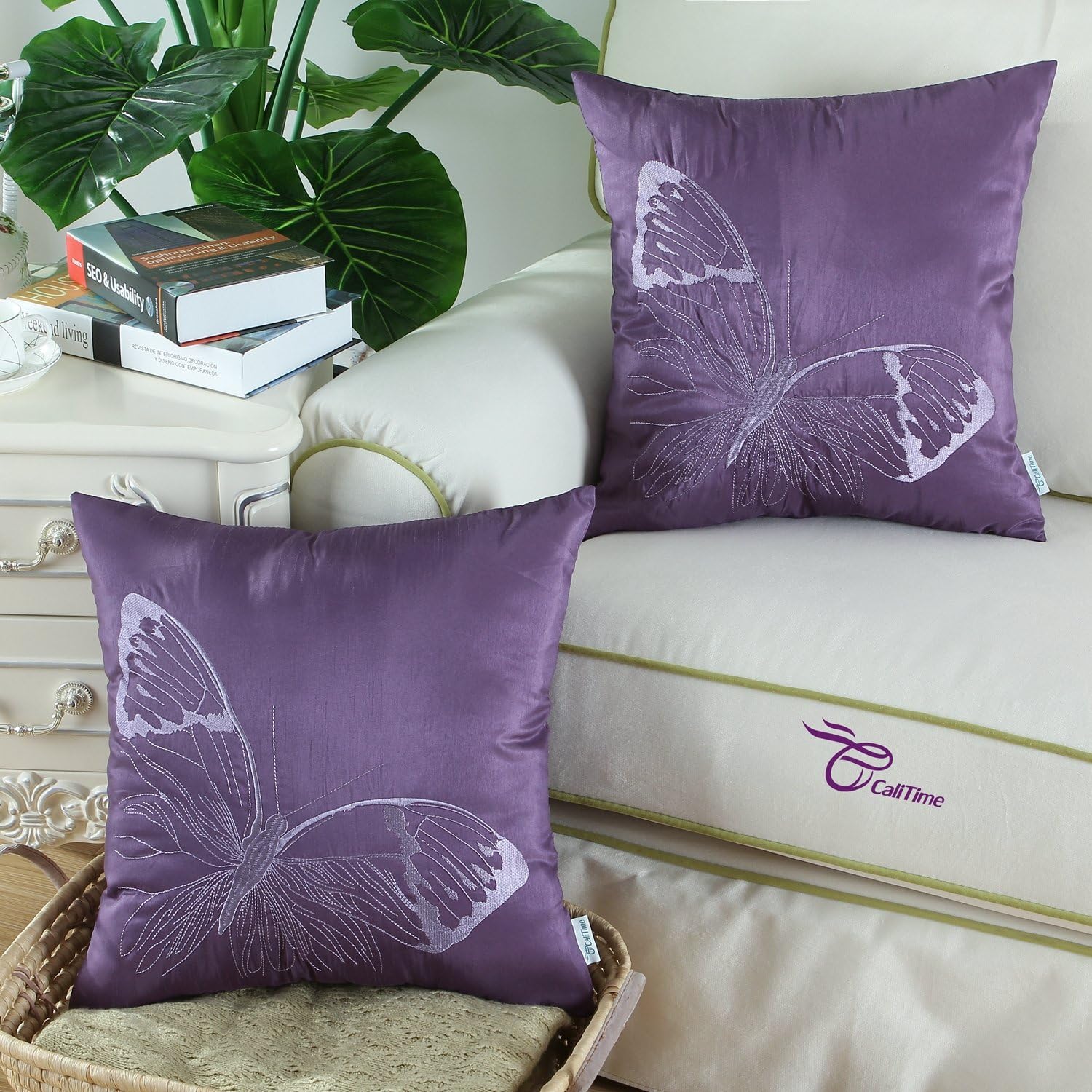 CaliTime Cushion Cover Throw Pillow Case Shell for Sofa Couch Home Decoration Big Butterfly Embroidered 18 X 18 Inches Purple