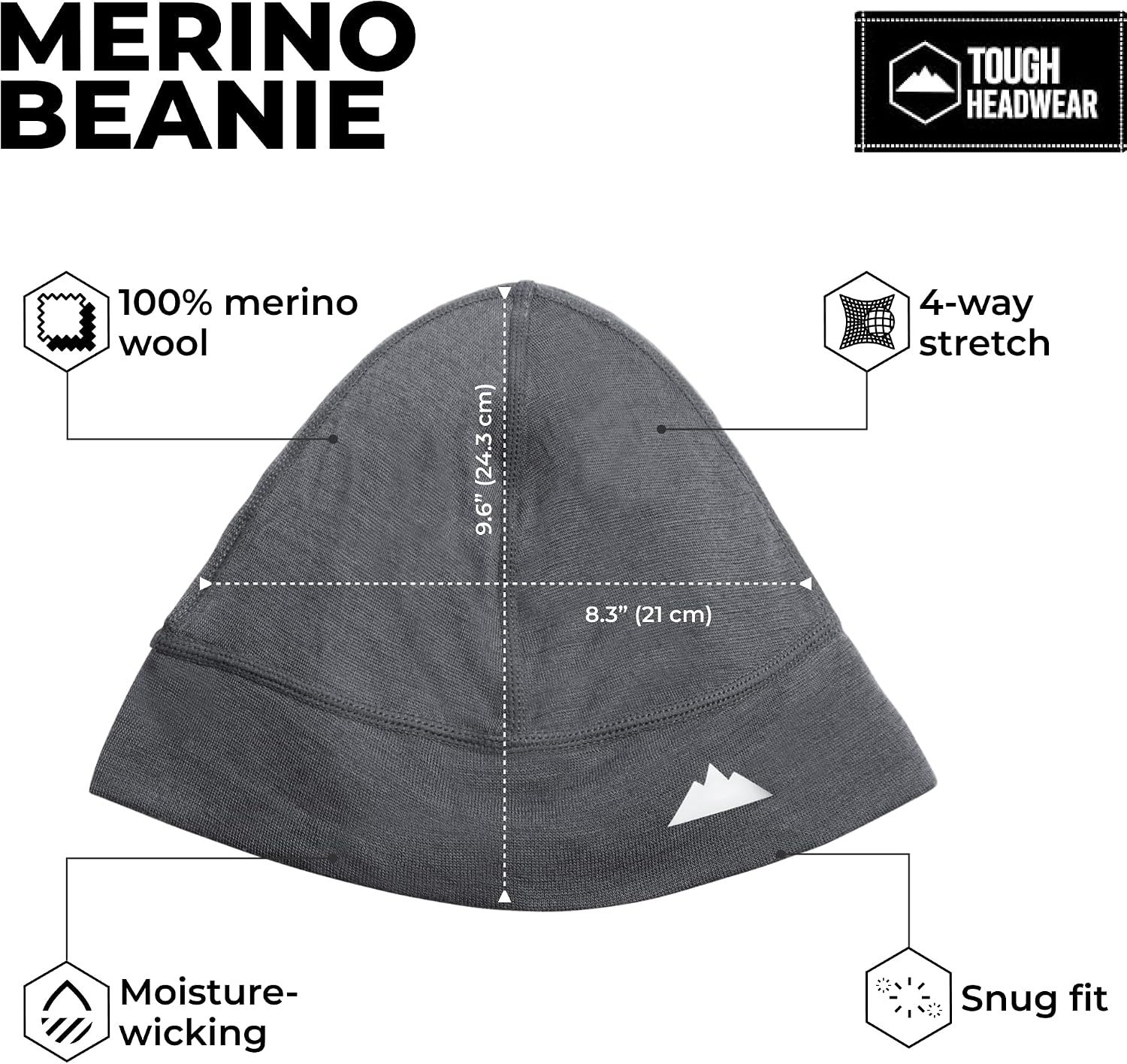 Tough Headwear Merino Wool Hat for Men - Winter Hats - Woollen Beanies - Moisture Wicking - 4 Way Stretch Material