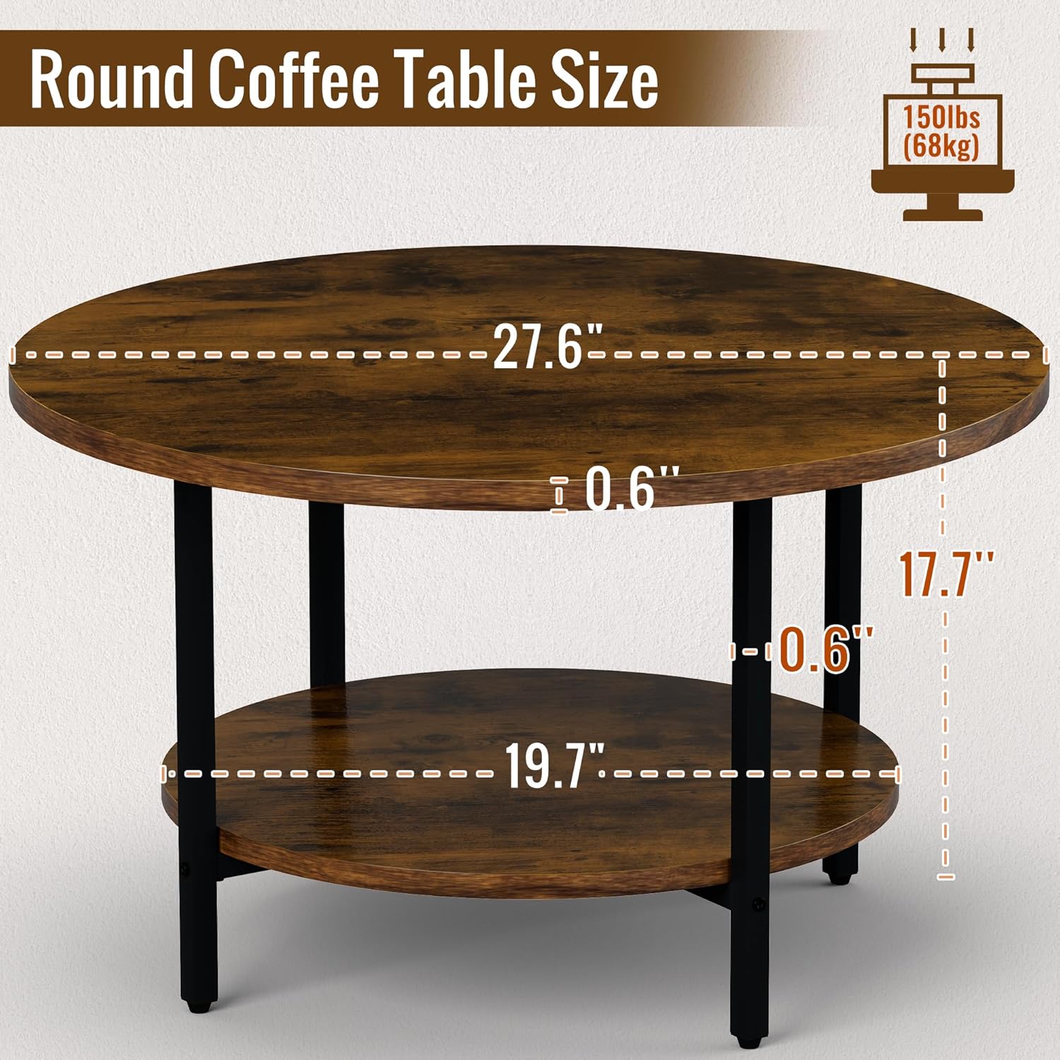 Round Coffee Table, 27.6" Circle Coffee Table for Living Room, 2-Tier Wood Accent Center Table with Open Storage Industrial Design Home Furniture, Rustic Brown