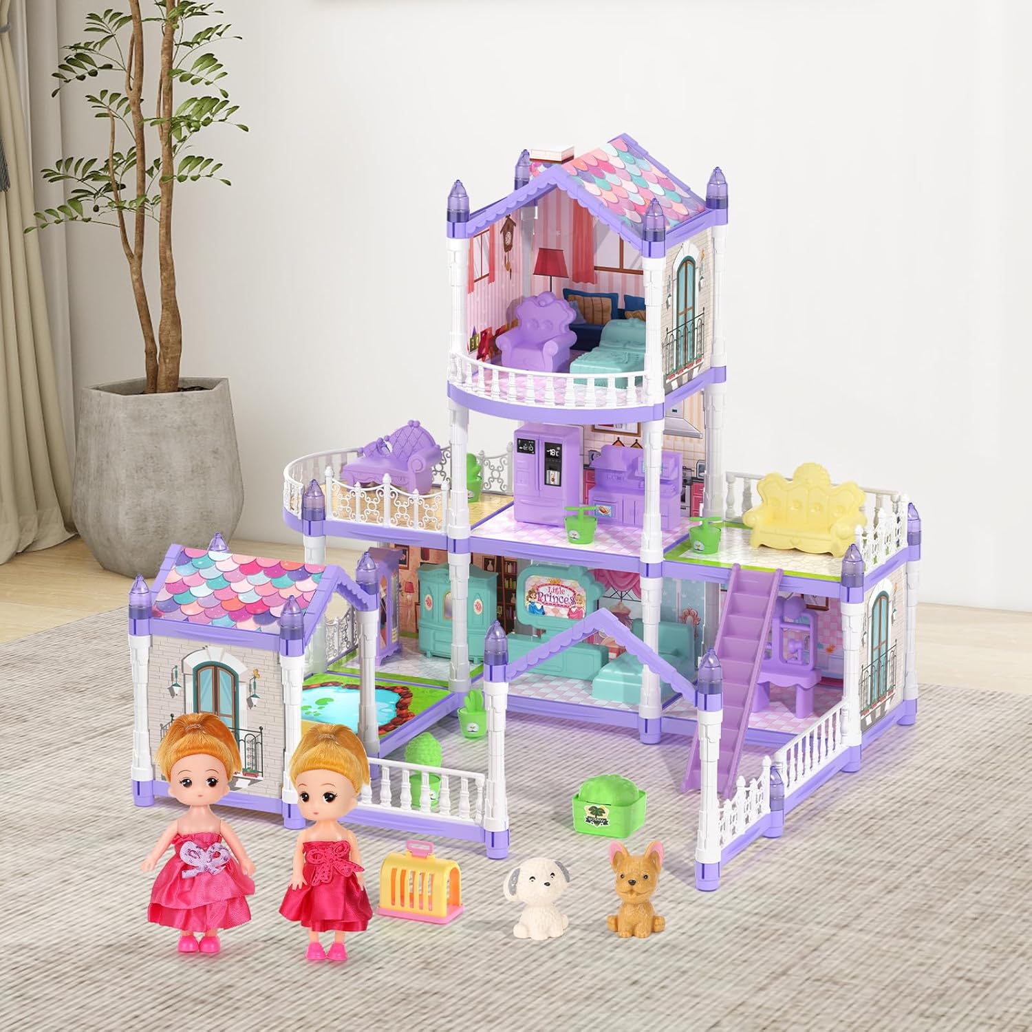 Lilac Purple Doll House for Girls, Dream Dollhouse 9 Rooms with 2 Dolls, Animals, Lights, Furniture and Accessories, Pretend-Play Toddler Playhouse Gift 3+ Year Old Girls Toys