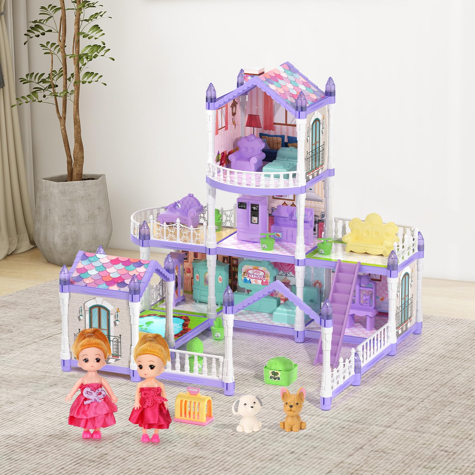 Juego de casa de muñecas de princesa, casa de muñecas morado lila con 9 habitaciones en 3 pisos, incluye 2 muñecas, 2 mascotas, 12 muebles y otros accesorios, regalo perfecto para niñas casa de