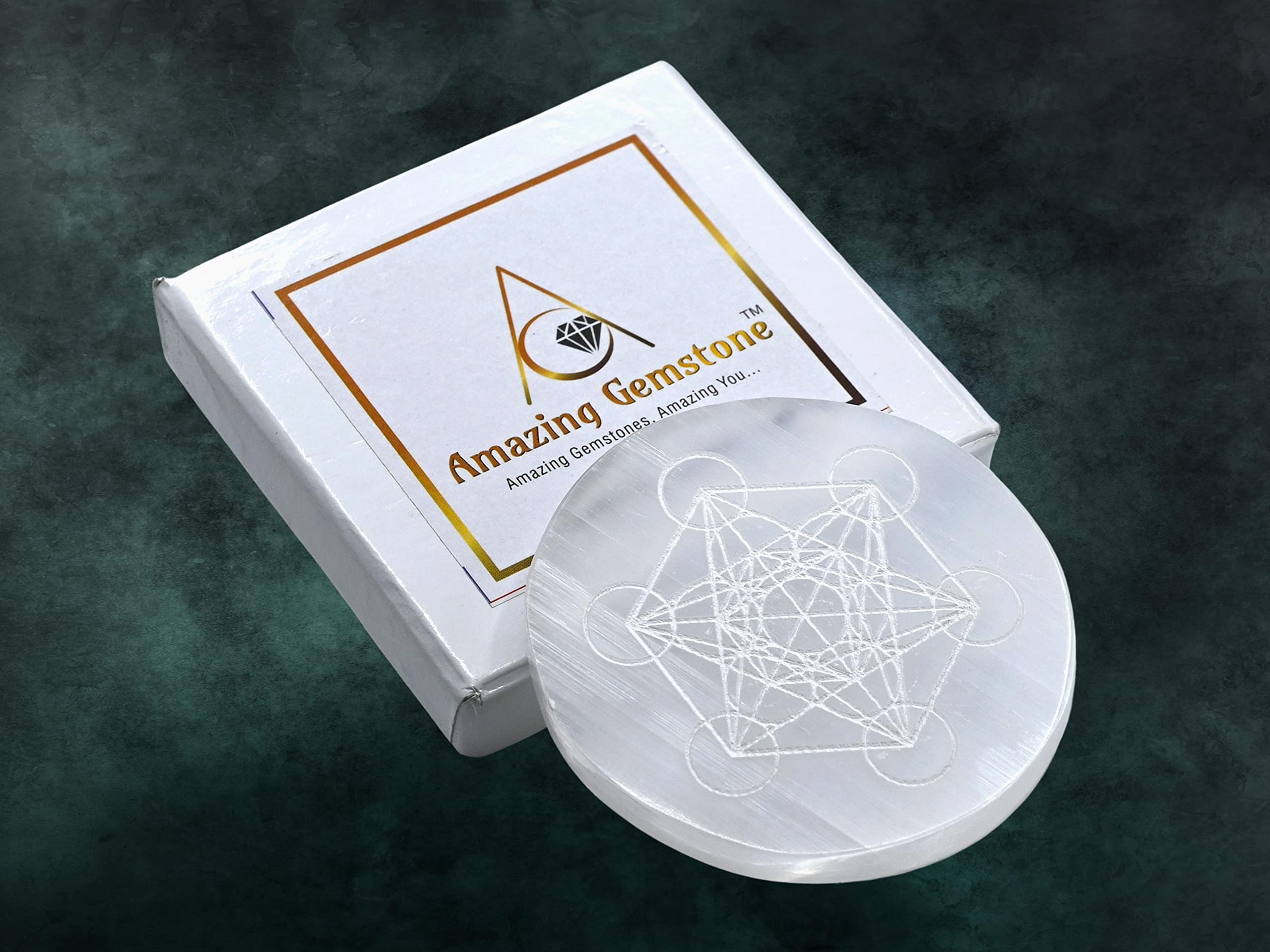 Amazing Gemstone, Piastra di ricarica in cristallo di selenite per cristalli e pietre curative, cubo di metatron inciso con piastra di cristallo di selenite da 4,3" (disco rotondo in selenite)