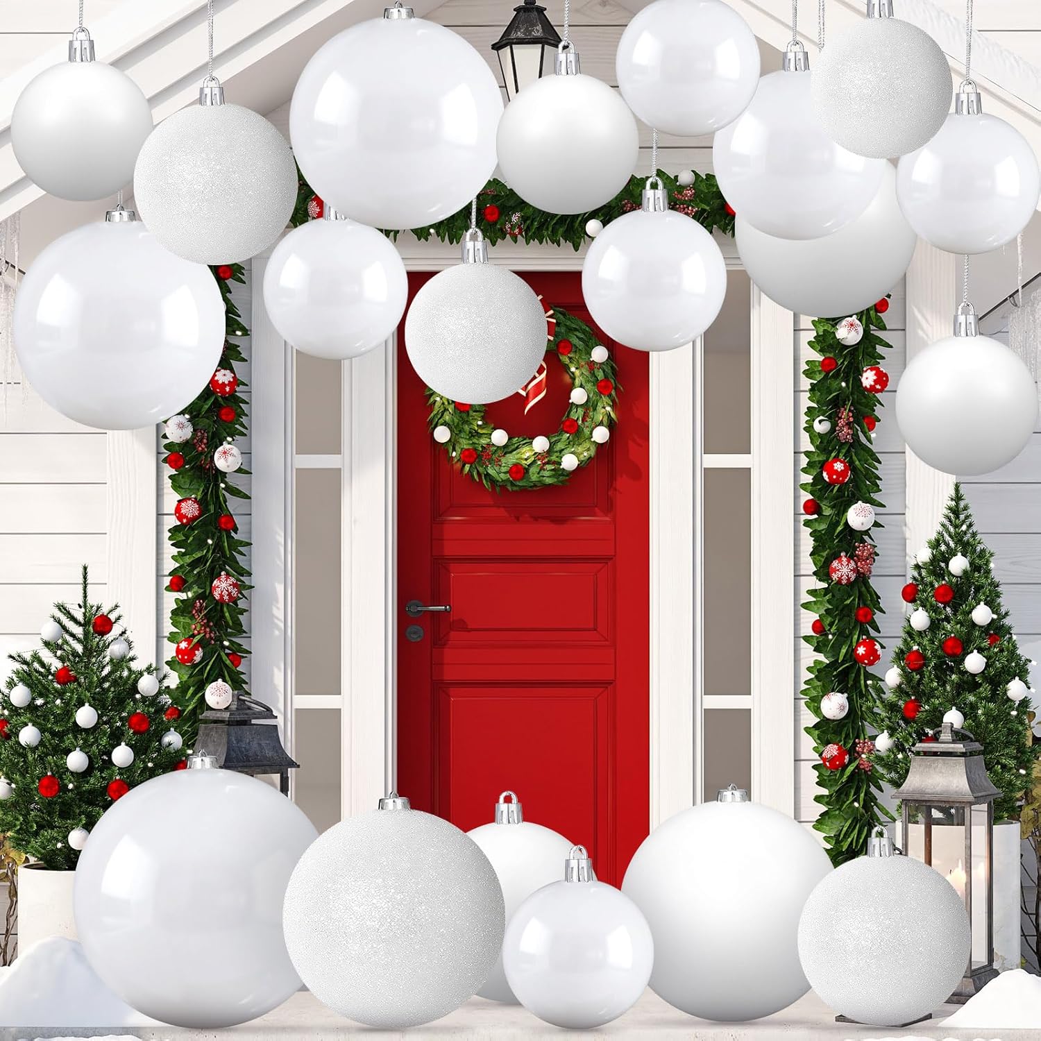 Marsui 24 Pcs Giant Christmas Balls Ornaments Extra Large Outdoor White Christmas Ornament 8'' 6'' 3'' 2'' Large Xmas Balls Bulk Plastic Shatterproof for Xmas Tree Lawn Yard Porch (Frosted and Shiny) Frosted and Shiny White