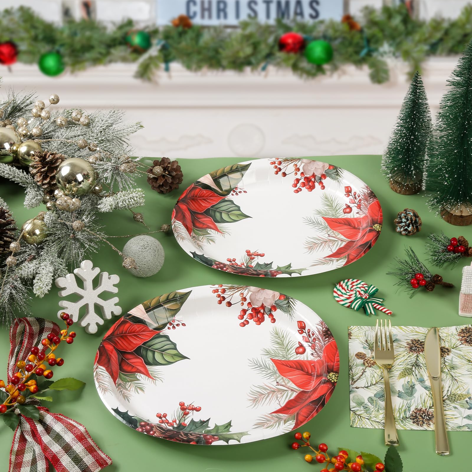 Juego de vajilla ovalada de Pascua de Navidad para 25 invitados, platos y servilletas desechables de papel floral rojo de Navidad, 50 piezas