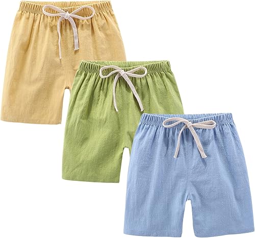 AMEBELLE Paquete de 3 bermudas ligeras de lino y algodón para bebés y niños pequeños