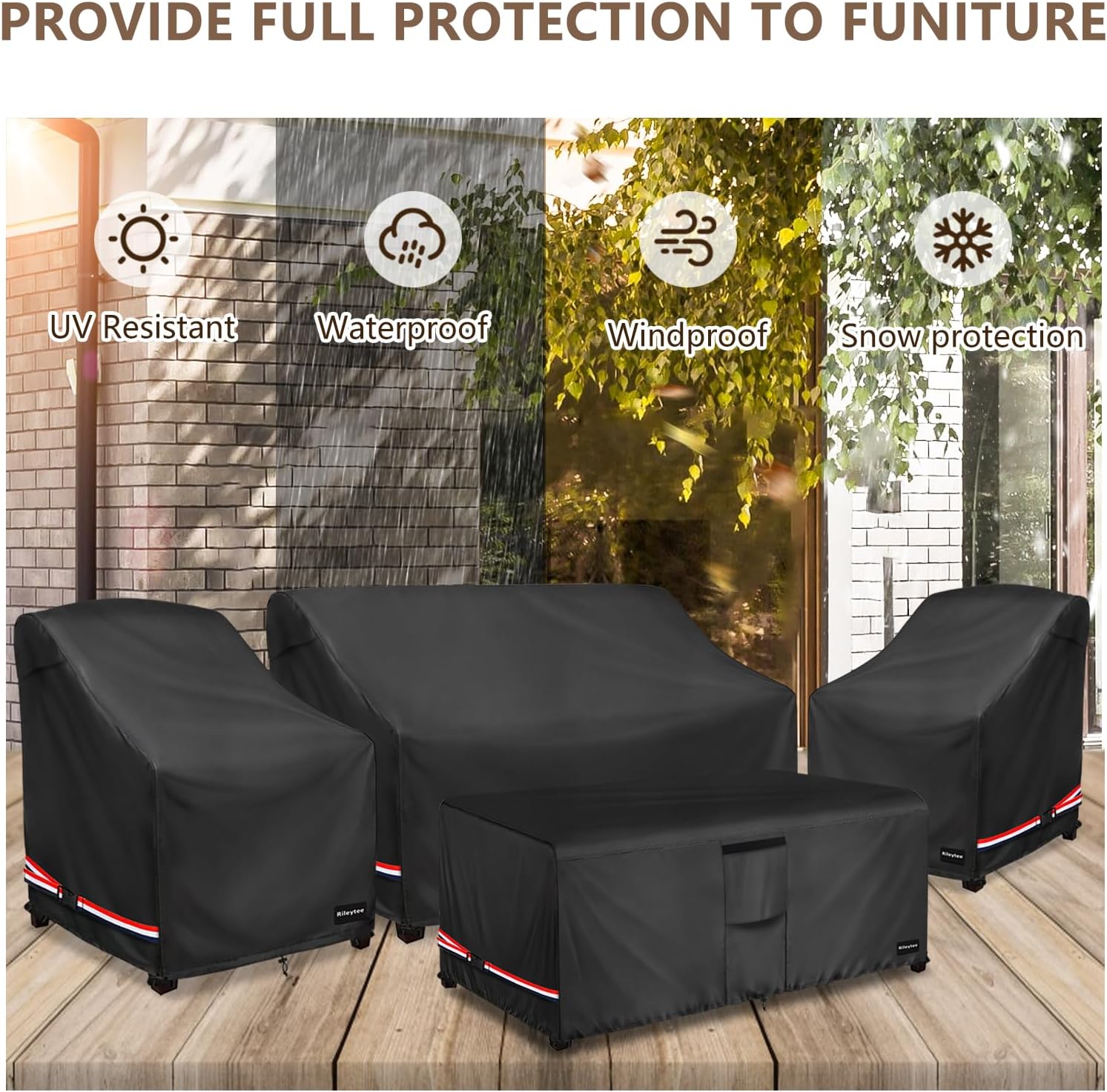 Rileytee Patio Furniture Set Covers, 4 Pcs 600D Heavy Duty 100% Waterproof Outdoor Furniture Cover, Fit Patio Loveseat, Chair and Coffee Table (Black,Large)