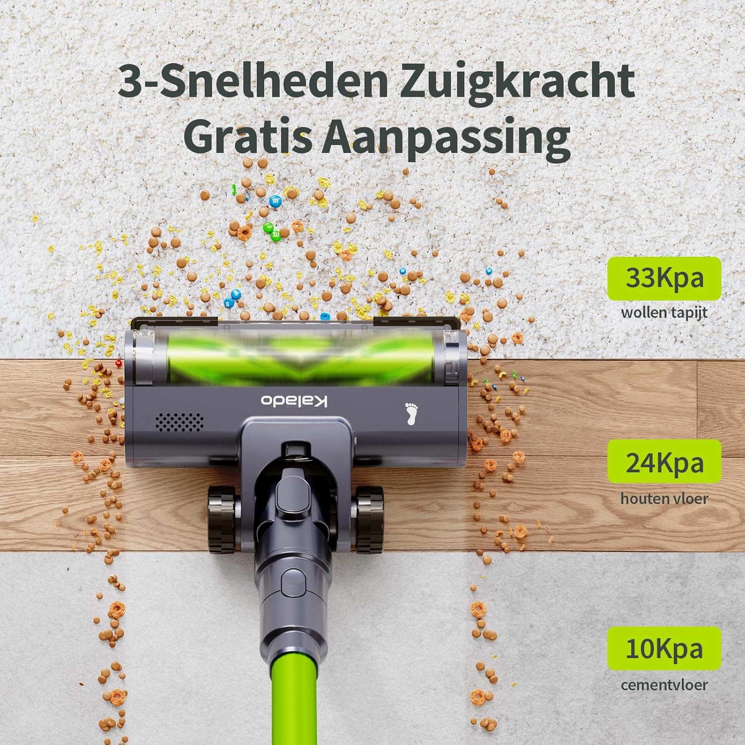 Kalado KCV600 vacuum cleaner head showing different suction levels for various floor types