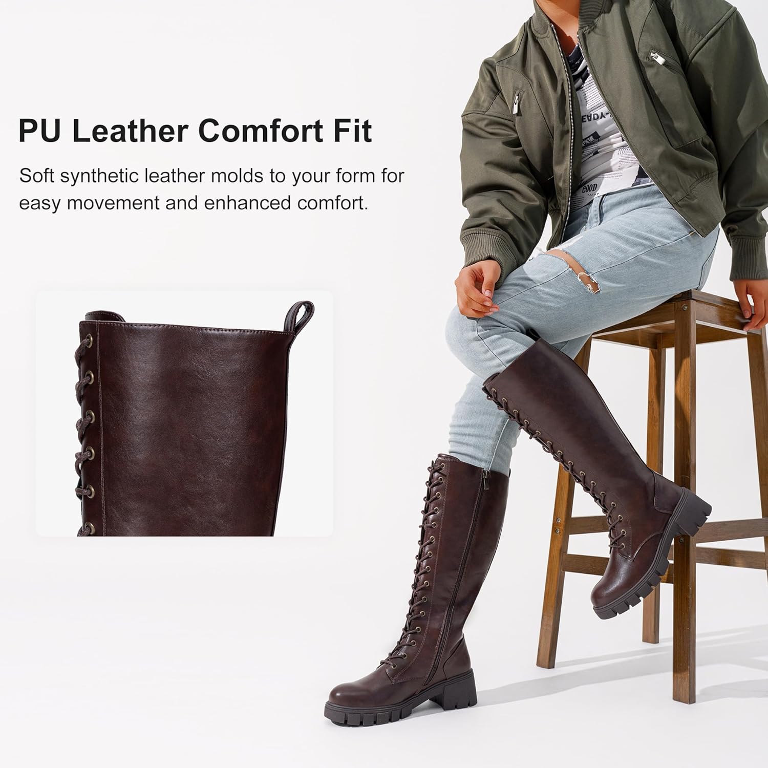 Vepose Women's 953 Knee High Combat Boots Chunky Platform Heel, Lace Up Gothic Punk Work Boots for Dresses and Jeans - Image 4