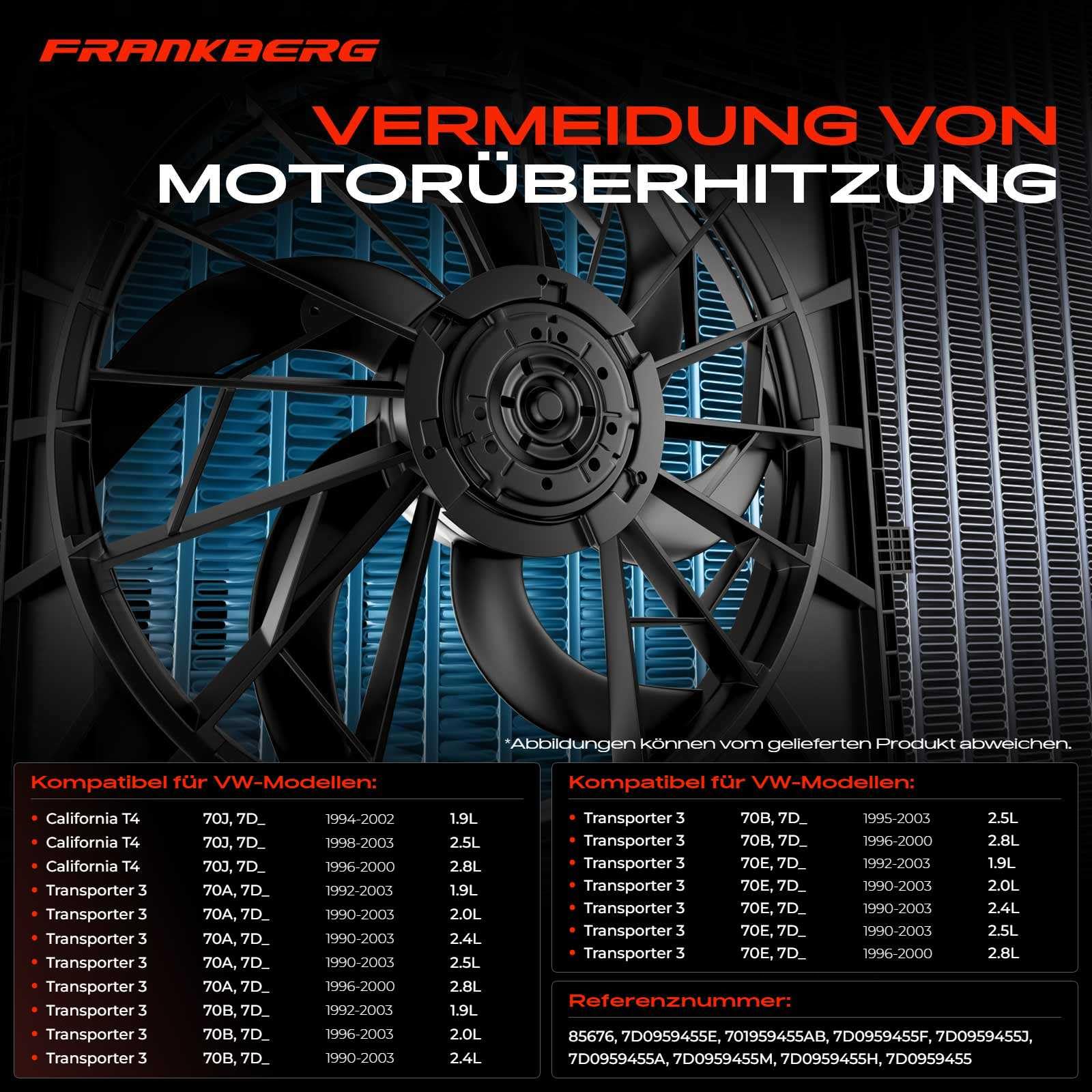 Frankberg Lüfter Motorkühlung Kühlerlüfter Kompatibel mit California T4 Camper 70J 7DJ 7DK 1.9L-2.8L 1994-2003 Transporter IV 70A 70H 7DA 7DH 1.9L-2.8L 1990-2003 Replace# 7D0959455