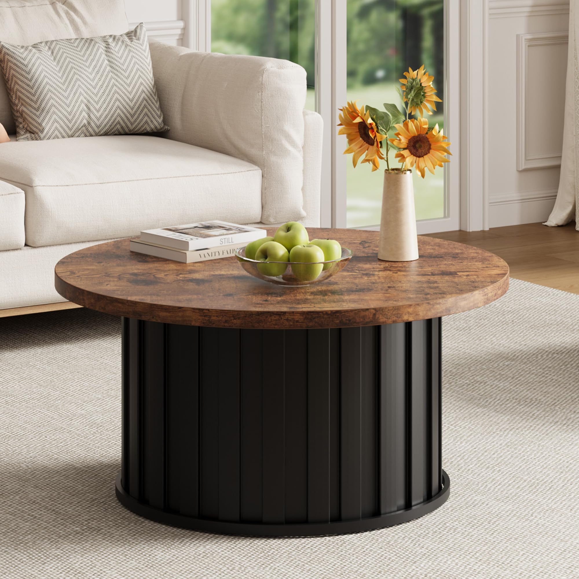 Garvee Round Coffee Table with Metal Base Mid Century Modern Design 31 9 Inch Fluted Center Table for