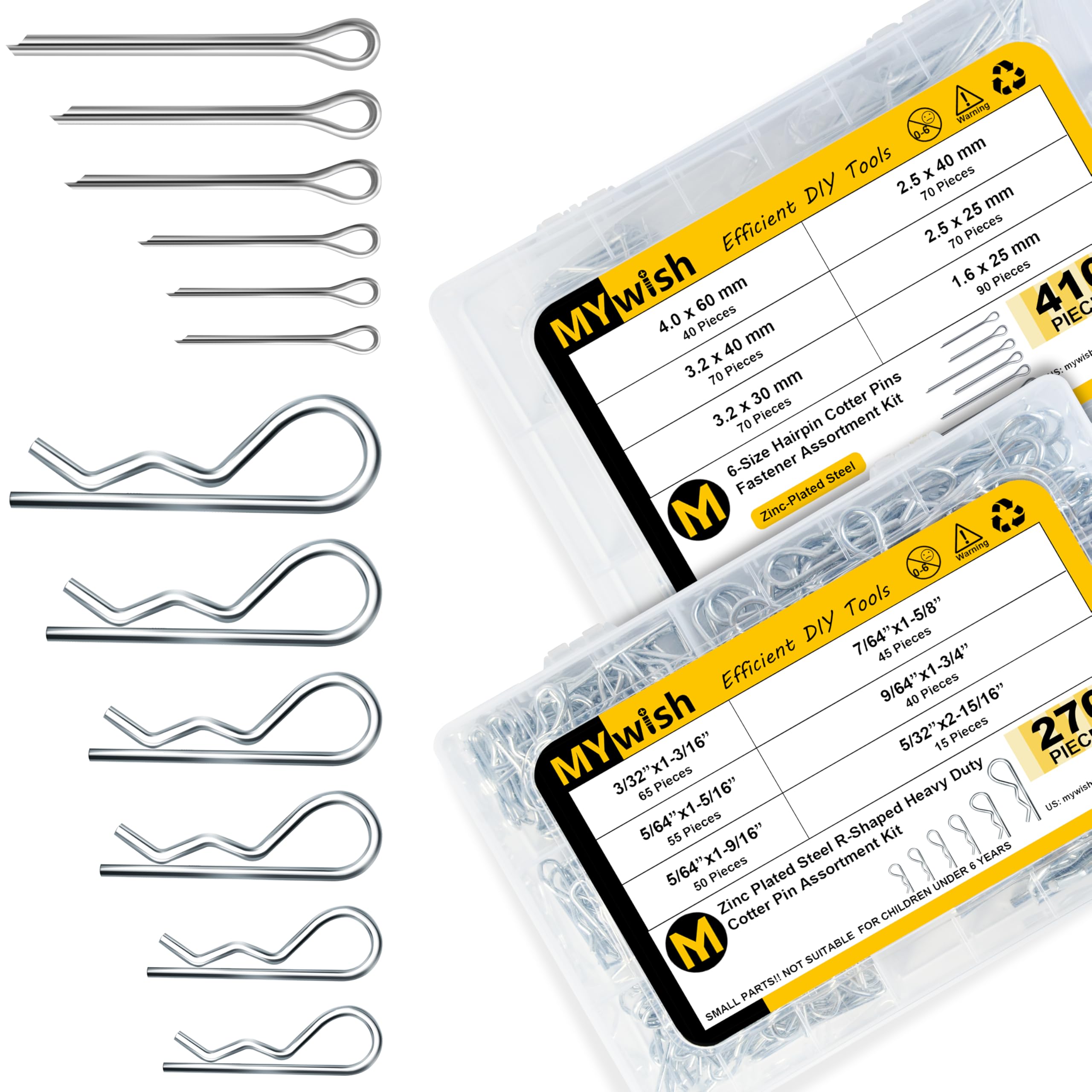 Mywish 620 Pcs Cotter Pins Assortment Kit, Zinc-Plated Steel Assorted Pins, Hairpin Cotter Pins & R Clips Metal Pins, 12 Sizes 2 Types Cotter Pin Set