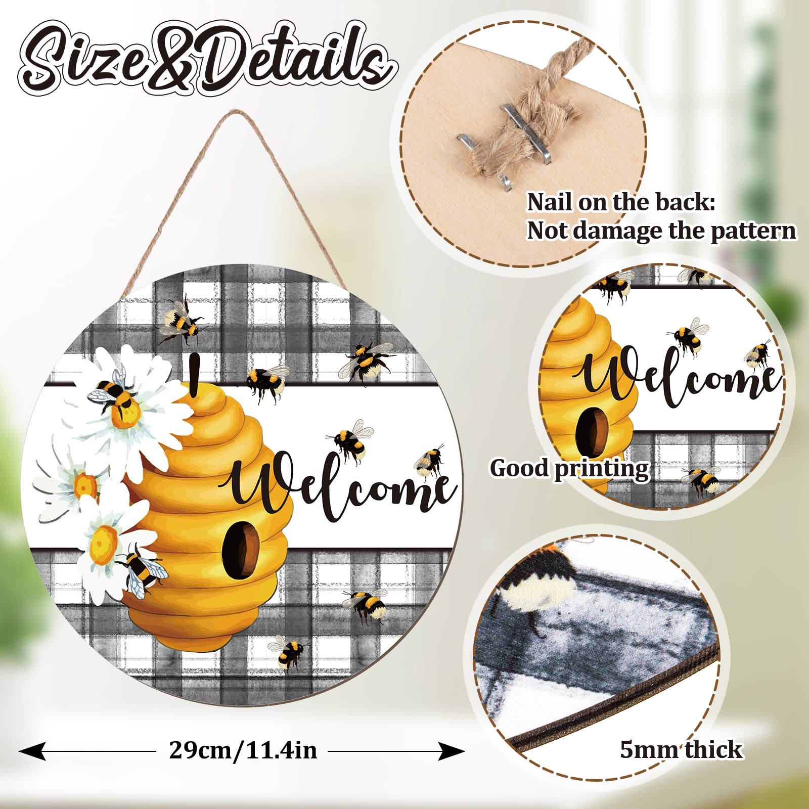 Whaline Bee Welcome Sign Wooden Hanging Sign Front Door Decor Rustic Plaids Daisy Welcome Wood Sign for Spring Summer World Bee Day Home Office Coffee Shop Farmhouse Window