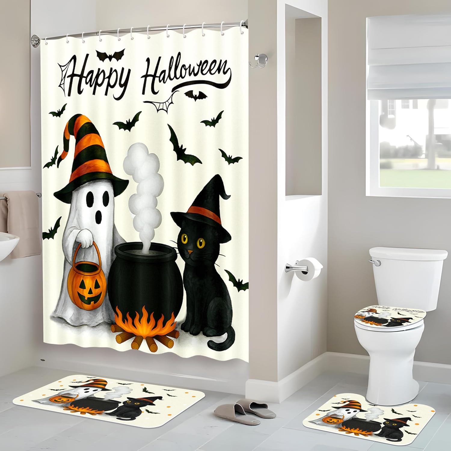 Tieshankao 4Pcs Halloween Bathroom Shower Curtain Decor Sets Ghost Cat Pumpkin Rug Bath Mat Toilet Lid Cover Spooky Decorations with 12 Hooks