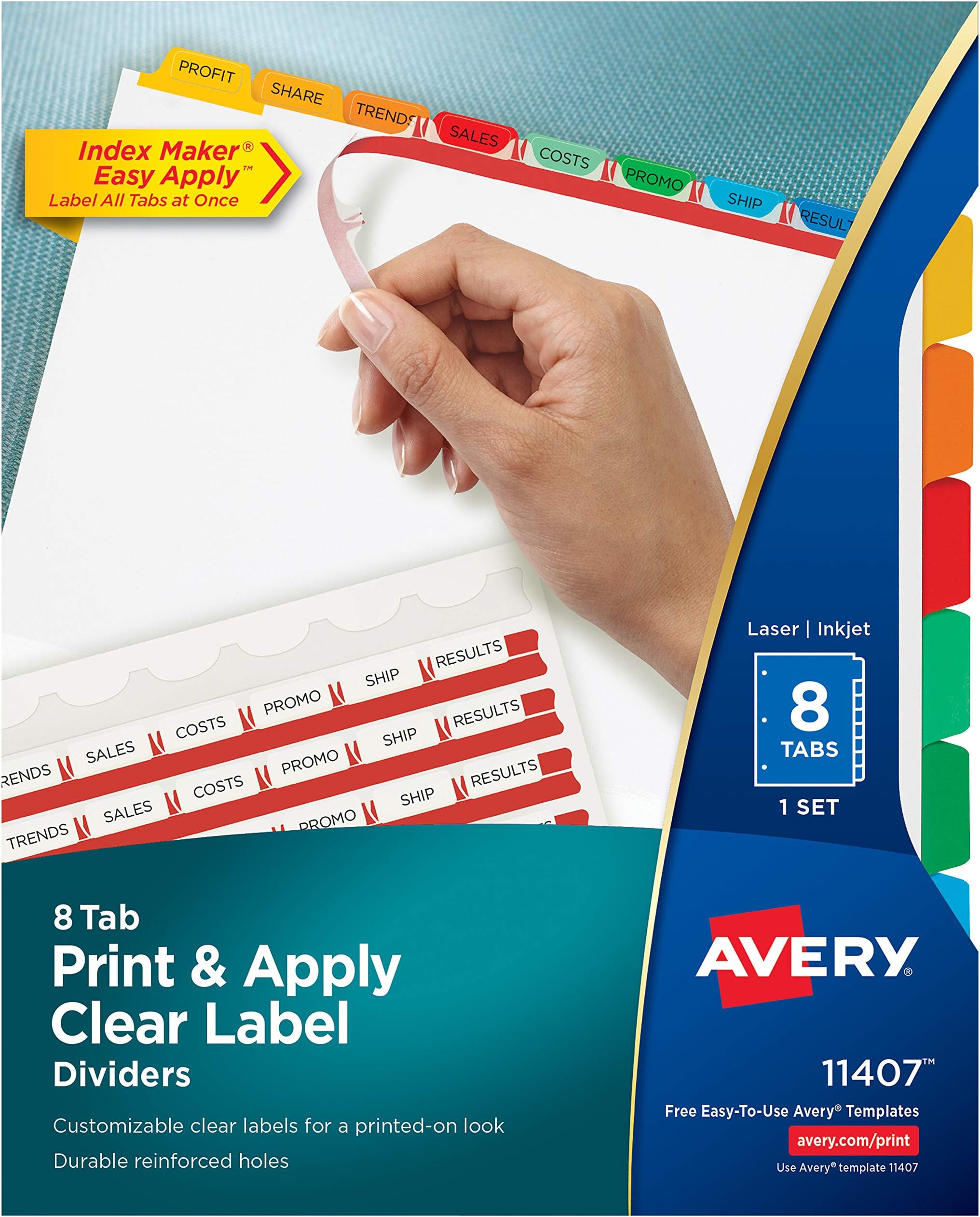 Avery Index Maker White Dividers, 8-Tab, Laser/Inkjet, Letter Size, Assorted/Clear, 8 per Set (11407)