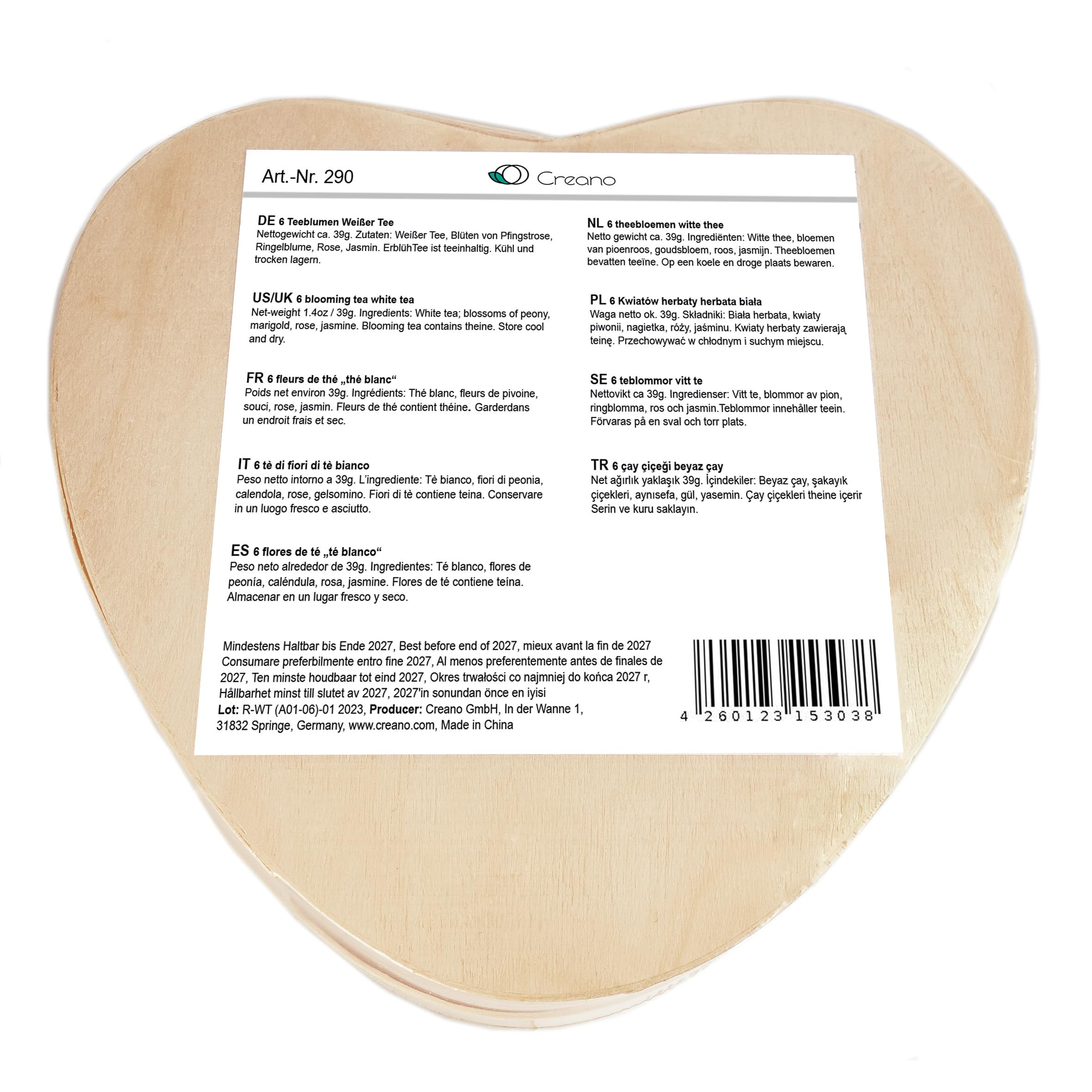 Creano Té Blanco Caja de Madera Corazón 6 uds Rosa de Té Regalo Romántico