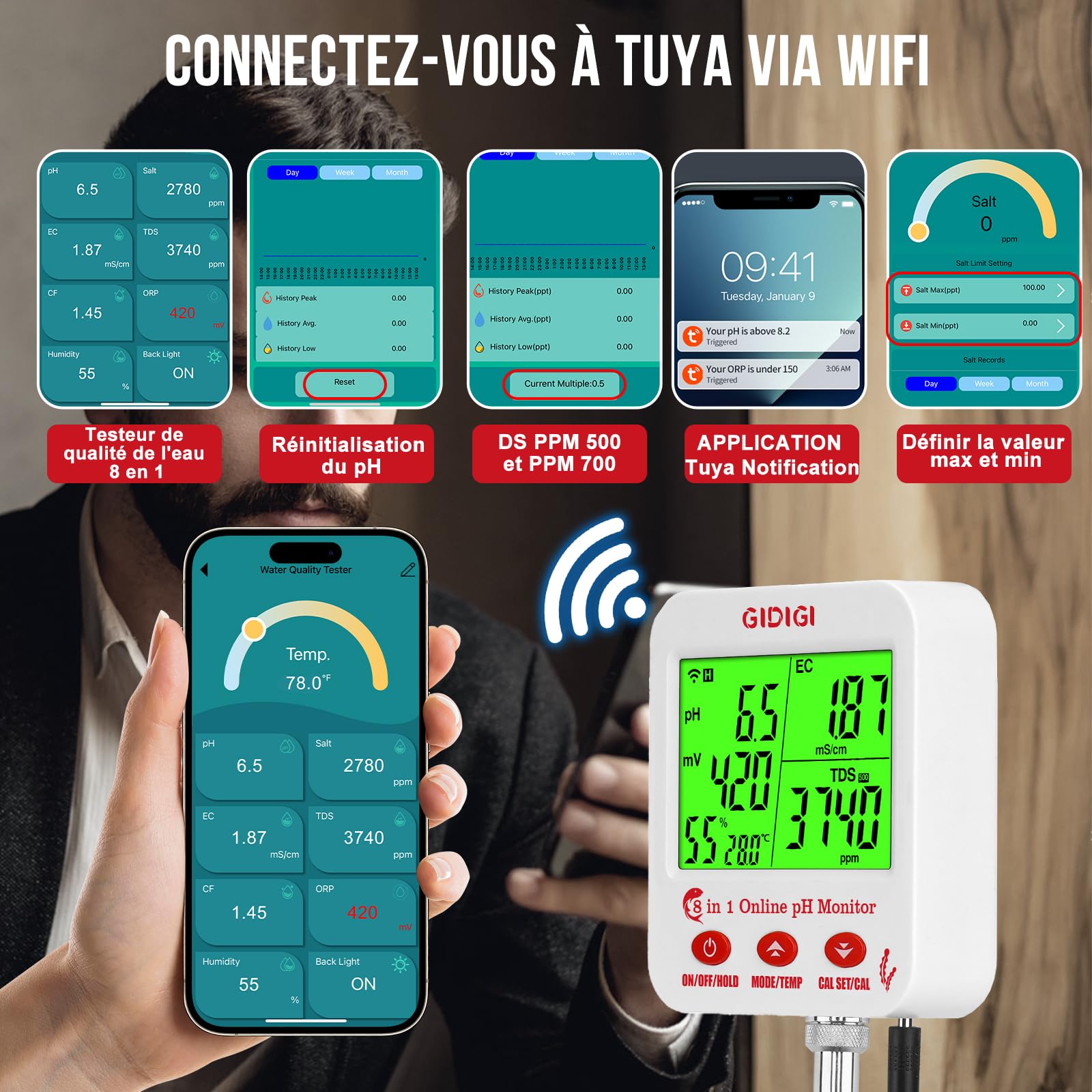 Moniteur de pH et de sel en ligne pour aquarium intelligent 8 en 1 pH TDS EC Sel ORP Humidité CF Température Mètre pour hydroponie Moniteur de pH WiFi Compteur de sel pour aquarium hydroponique