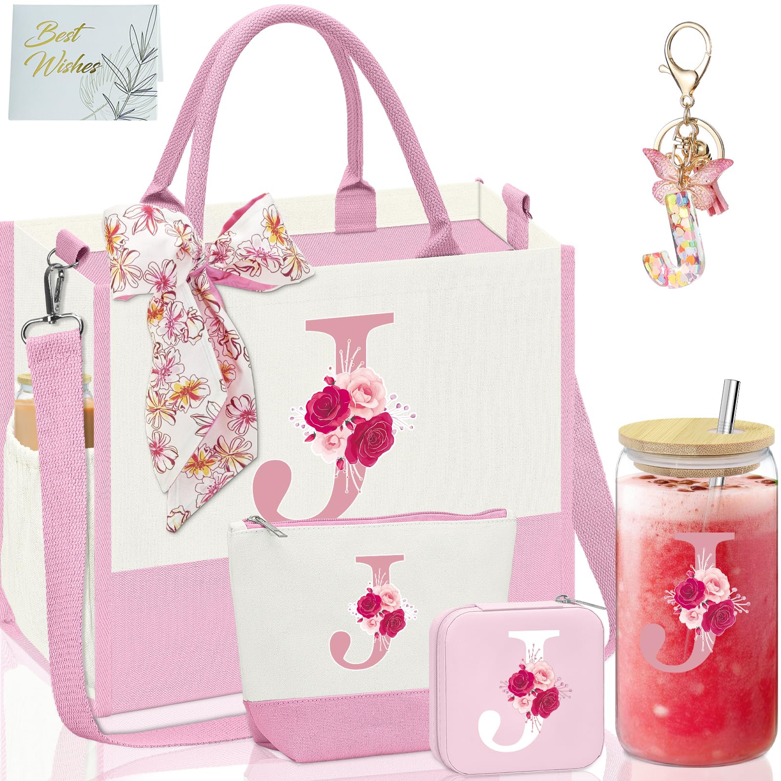 AiHeart Valentine's Day Gifts,Birthday Gift for Women,Initial Canvas Tote Bag,Personalized Gifts for Women,16oz Glass Cup With Straw,Jewelry Storage