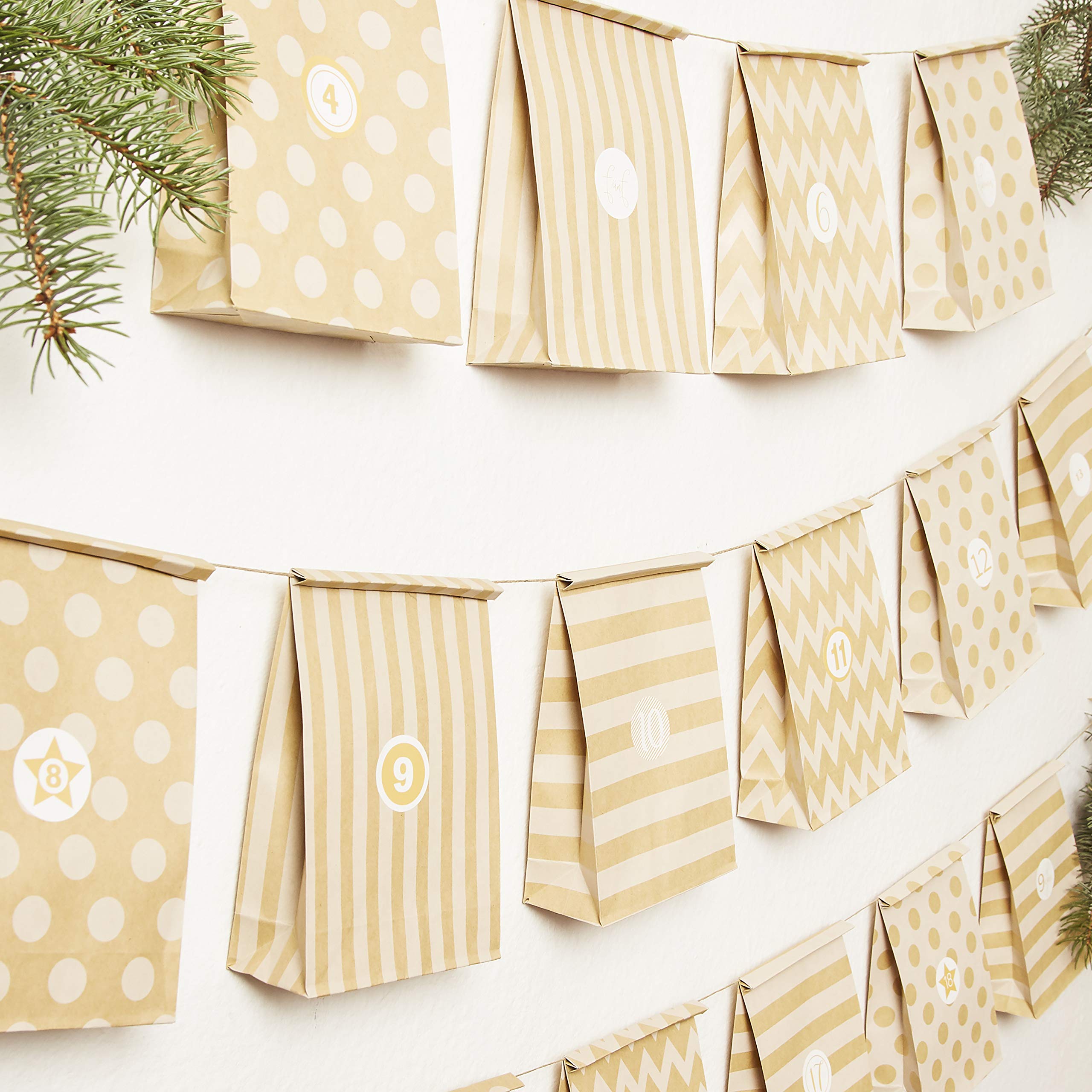 Adesivi ricaricabili per calendario dell'Avvento, con 24 sacchetti di carta kraft, adesivi natalizi e numeri adesivi, clip, spago, calendario fai da te per calendario, quaderni, Natale