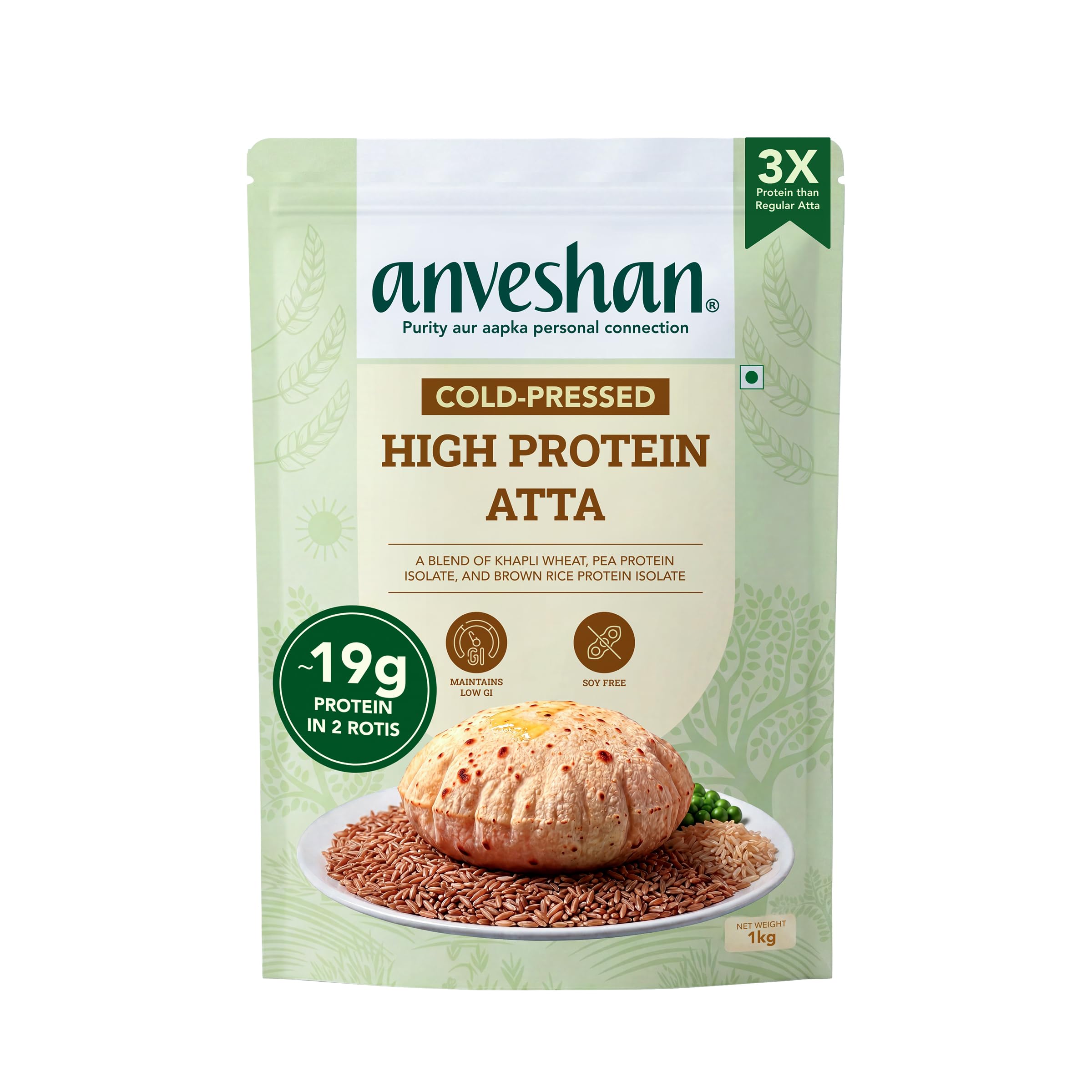 Anveshan High Protein Atta 1 KG | ~10g Plant Protein/Roti | Ancient Khapli Wheat + Pea & Brown Rice Protein | No Soy, No Maida | Low GI, Complete Amino Acids-image-37