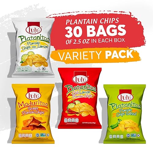 Miniatura 3 de Lulu Caja variada de papas fritas de plátano, 30 bolsas surtidas, 12 limón, 10 saladas, 4 chiles, 4 dulces, veganas, 2.5 onzas, siempre crujientes