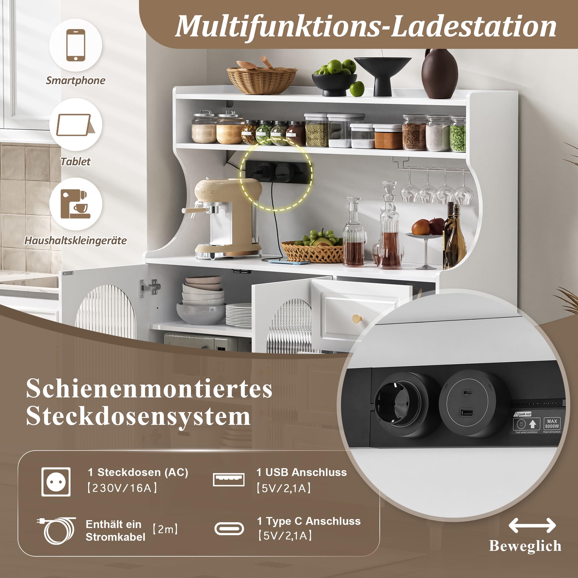 Küchenschrank Buffetschrank Höhe 138.5 cm mit Steckdosen und Stauraum, Hochschrank Sideboard mit Weinglashaltern, Barschrank Küchenschränke Highboard mit Schubladen, Küchenmöbel, Schrank Weiß