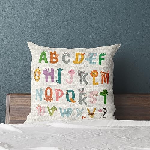 Miniatura 4 de KongMoTree Linda funda de almohada con diseño del alfabeto de animales, coloridas letras ABC de arcoíris, fundas de cojín decorativas de lino de