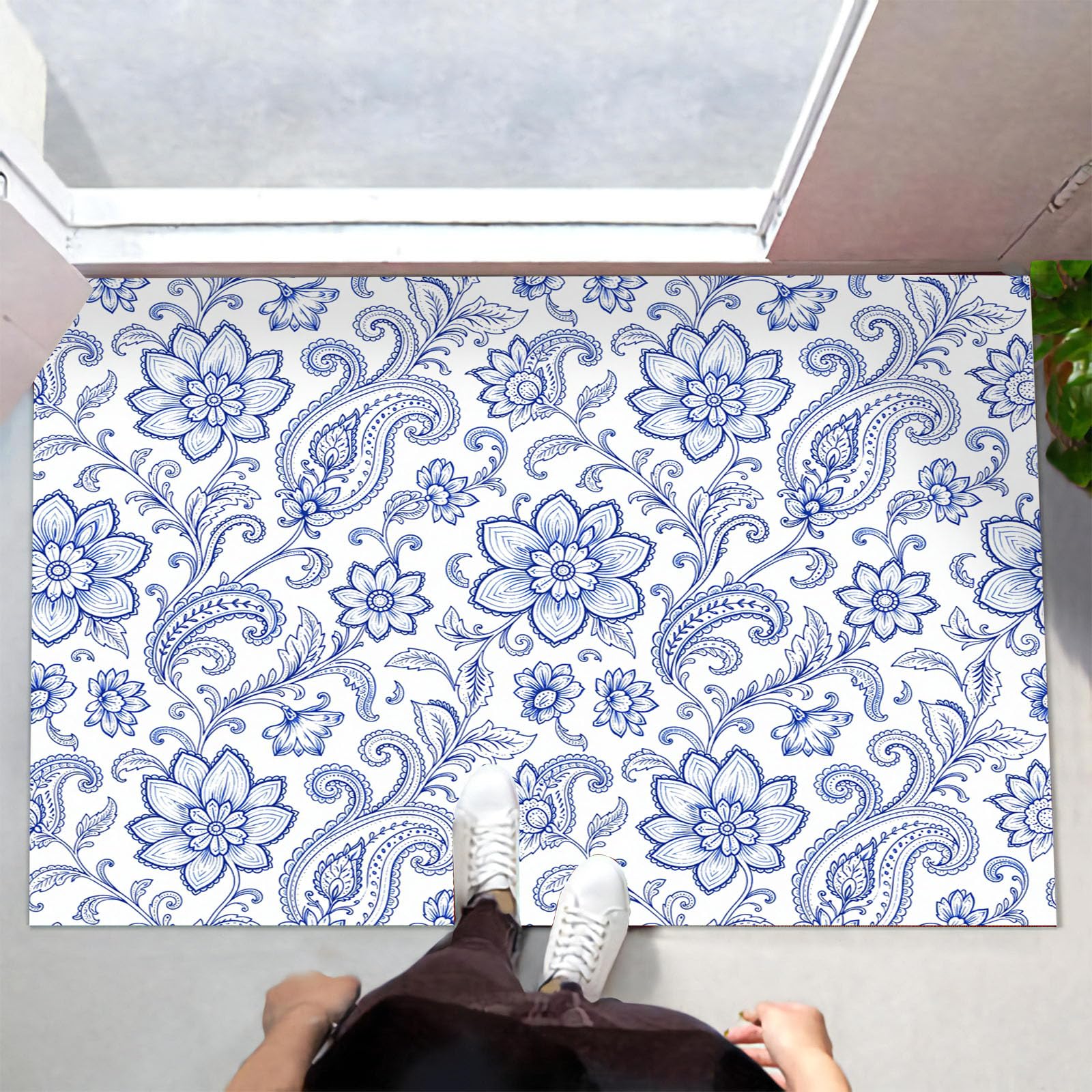 Zerbino Ingresso Interno Motivo Floreale Paisley Esotico, Zerbino Di Benvenuto Lavabile Morbida Piante Tradizionali, Antiscivolo Tappeto Da Decorazioni Blu Per Casa Porta, 90X150Cm