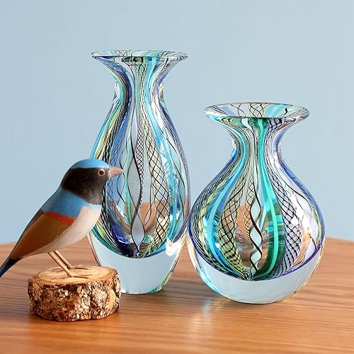 Miniatura 4 de Ca D Oro Par de Jarrones Pequeños de Vidrio Boho con Cañas AzulesVerdes Vidrio Arte Murano Soplado a Mano - Modelos N 23