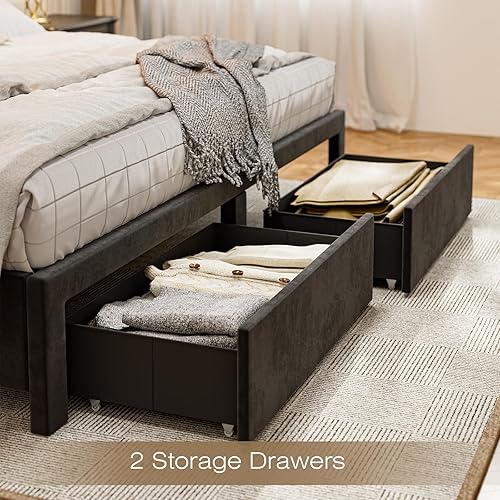 Miniatura 5 de CIKUNASI Base de cama tapizada tamaño Queen con 4 cajones de almacenamiento, base de cama de plataforma con cabecero de ala, luces LED, no necesita