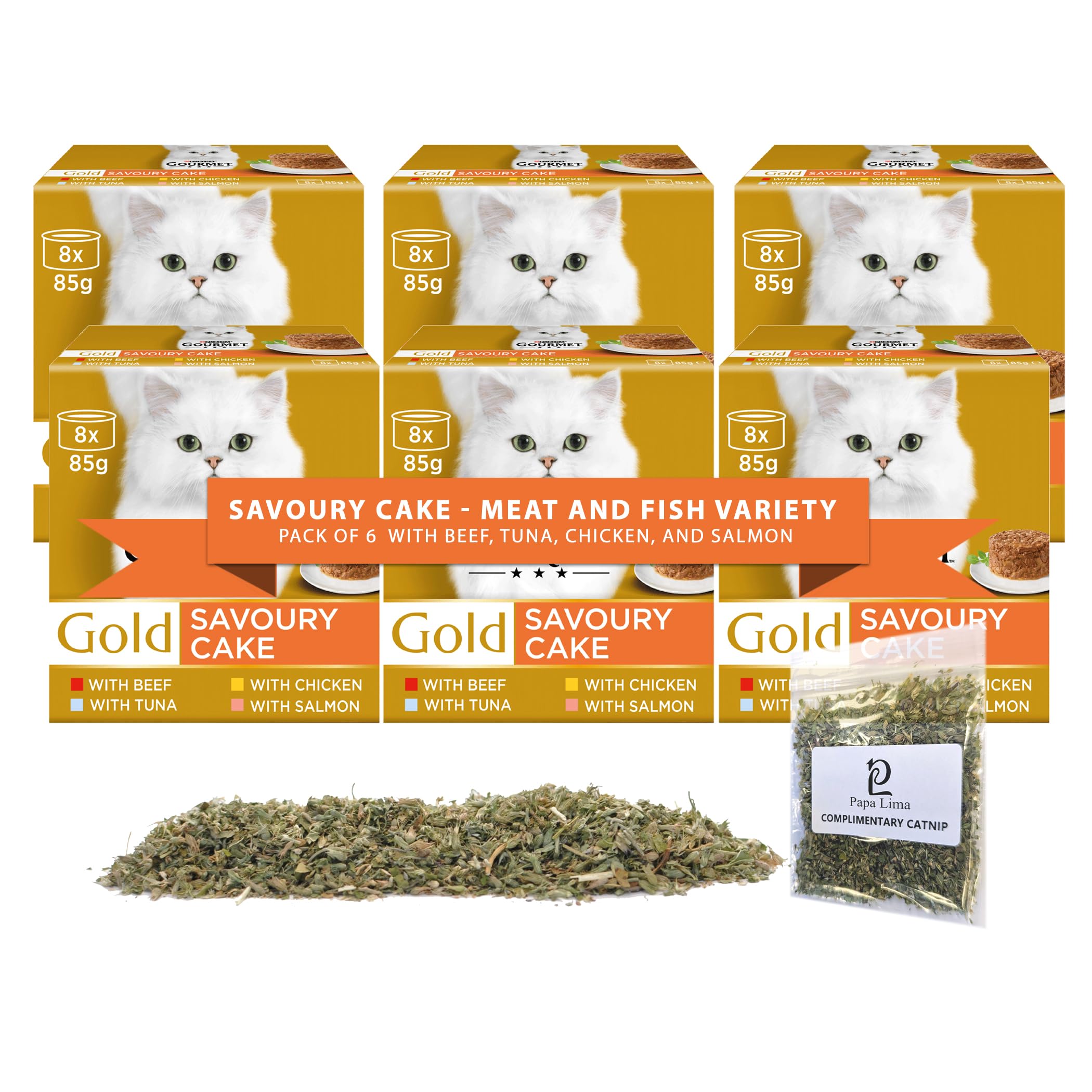 Wet Cat Food Bundle | Savoury Cake Meat and Fish with Beef, Tuna, Chicken and Salmon | 48 x 85g Tins + Papa Lima Pure Canadian Catnip | Pack of 6 for Happy, Healthy Cats