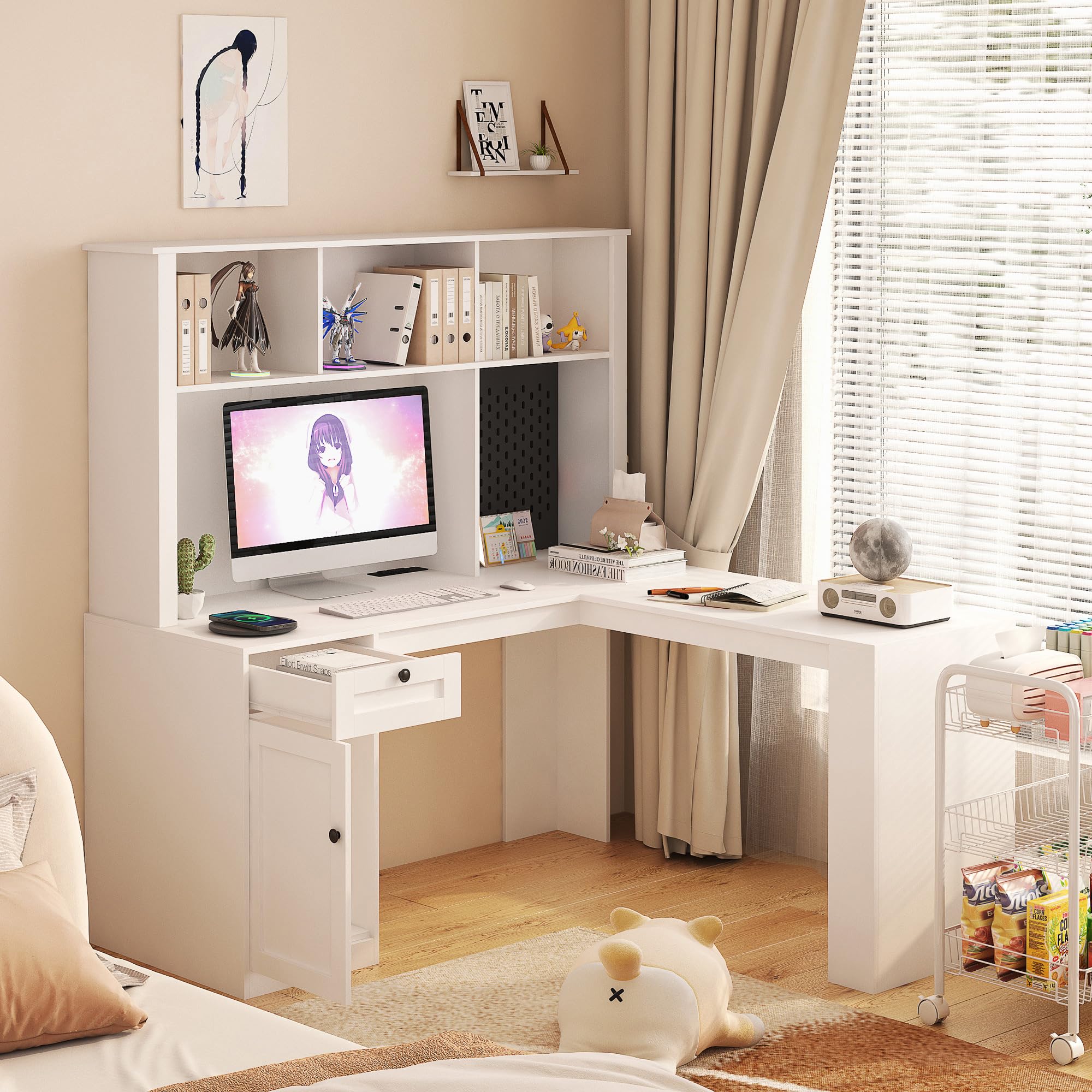 RuiSiSi L-Shaped Corner Office Desk with Hutch, Drawers & Bookshelf and LED Light, Home Office Desk with Charger, Wood Study Table Writing Table,